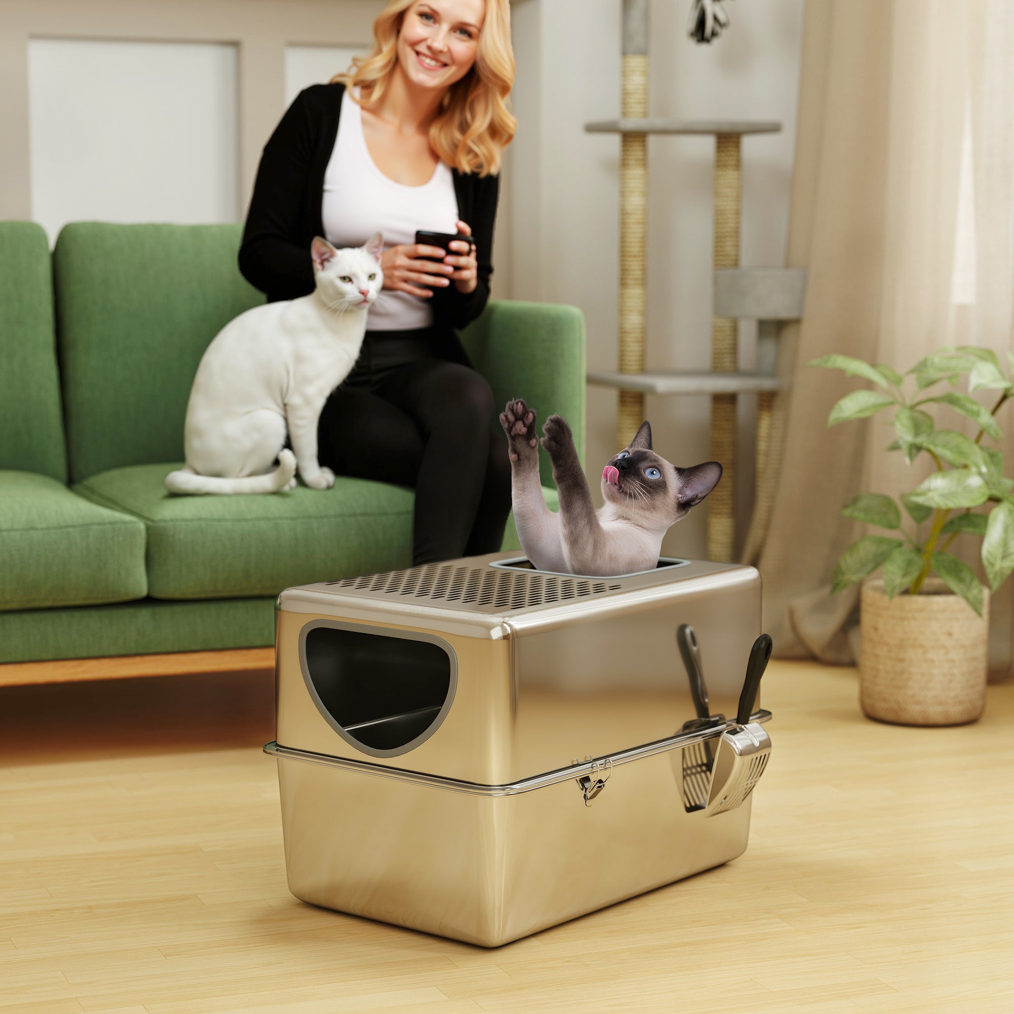 Stainless Steel Cat Litter Box with Lid, Extra Large Enclosed Litter Box with Top Litter-Catching Holes, Scoop, Dual Entry, Easy Clean, Silver