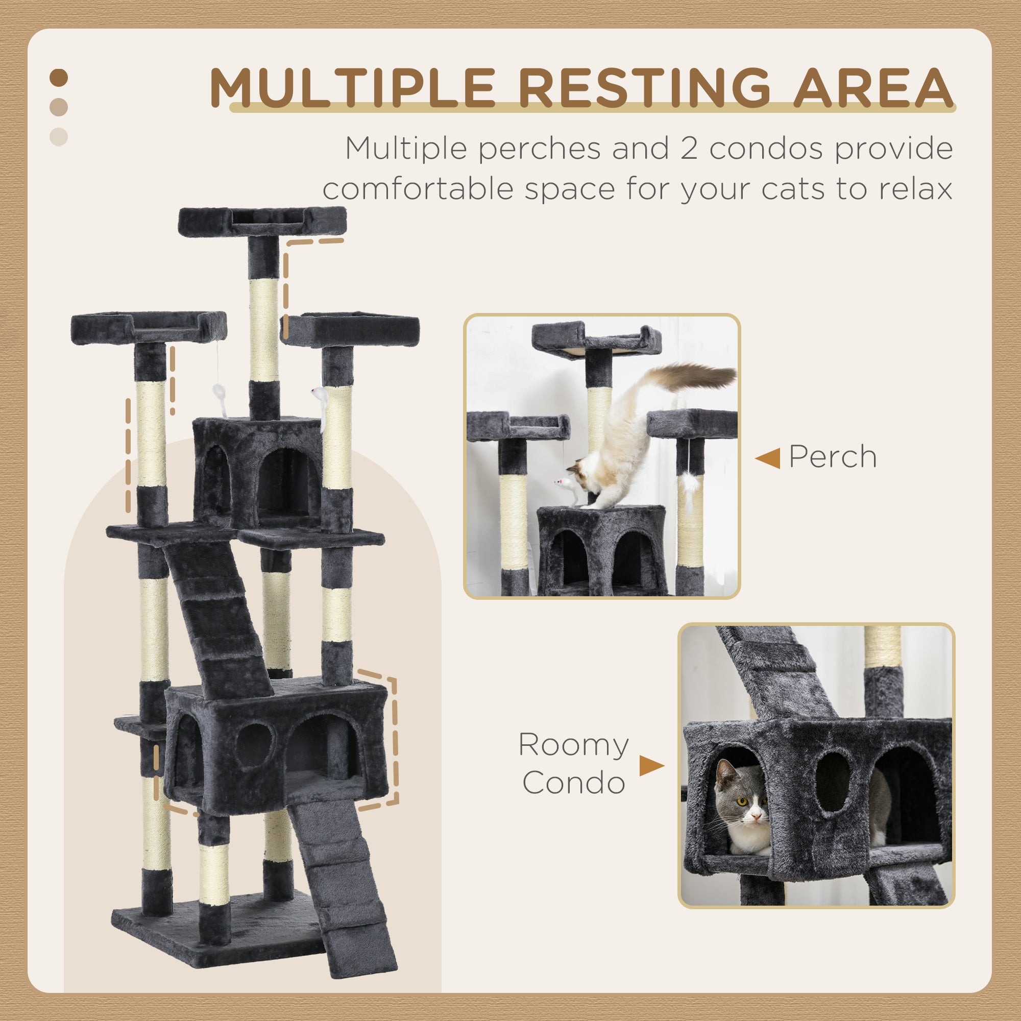 68 inches Cat Tree, Multi-Level Large Cat Tower Condo with Scratching Posts, Perches, Cat Houses, Dangling Toy, Charcoal Grey