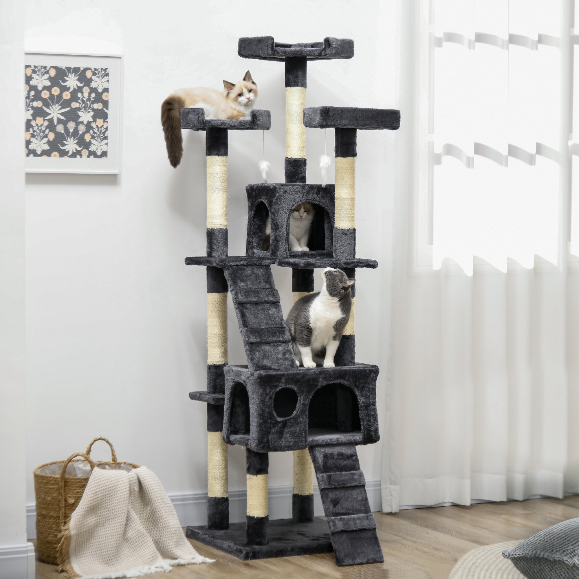 68 inches Cat Tree, Multi-Level Large Cat Tower Condo with Scratching Posts, Perches, Cat Houses, Dangling Toy, Charcoal Grey