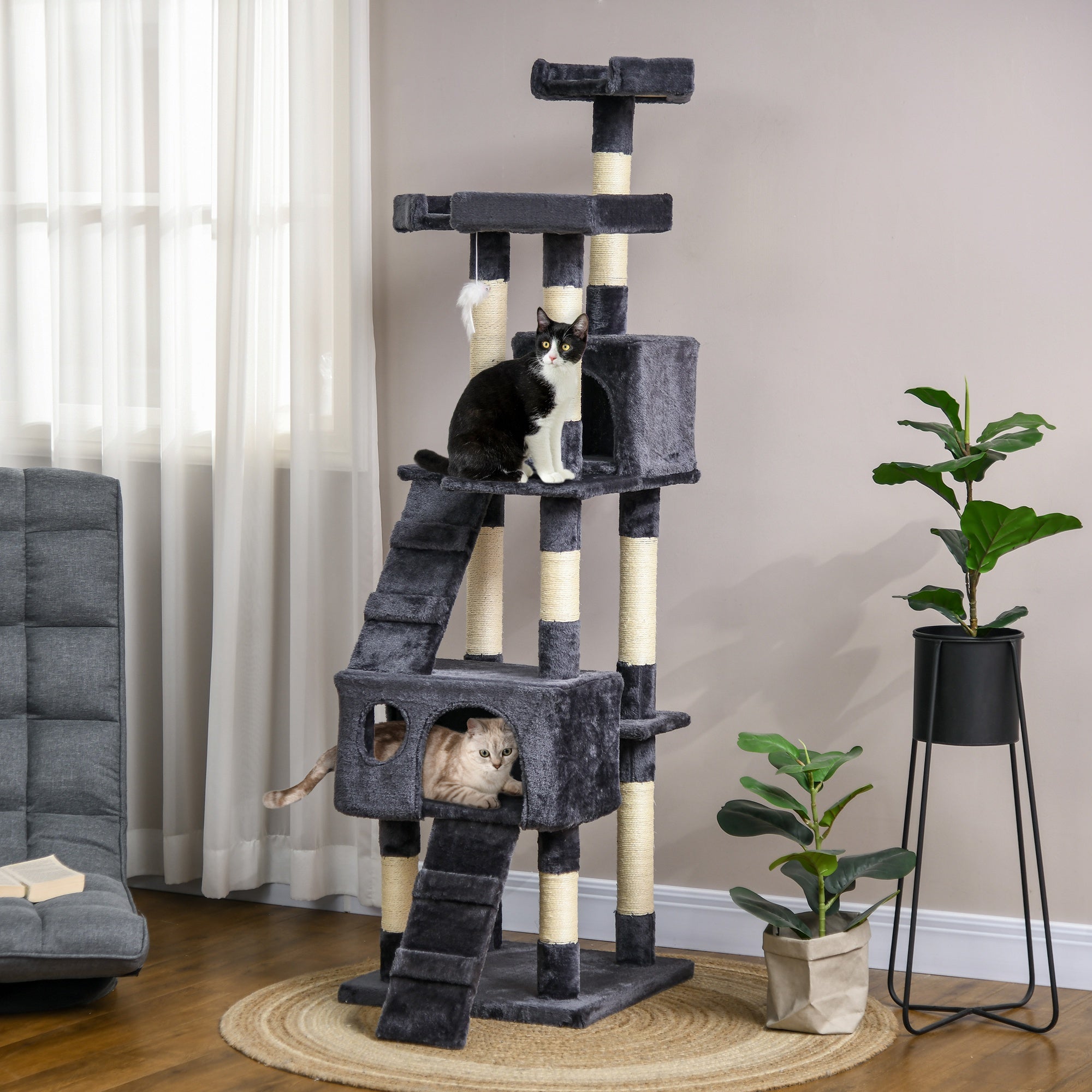 68 inches Cat Tree, Multi-Level Large Cat Tower Condo with Scratching Posts, Perches, Cat Houses, Dangling Toy, Charcoal Grey