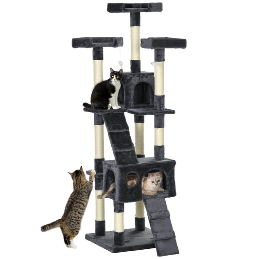 68 inches Cat Tree, Multi-Level Large Cat Tower Condo with Scratching Posts, Perches, Cat Houses, Dangling Toy, Charcoal Grey