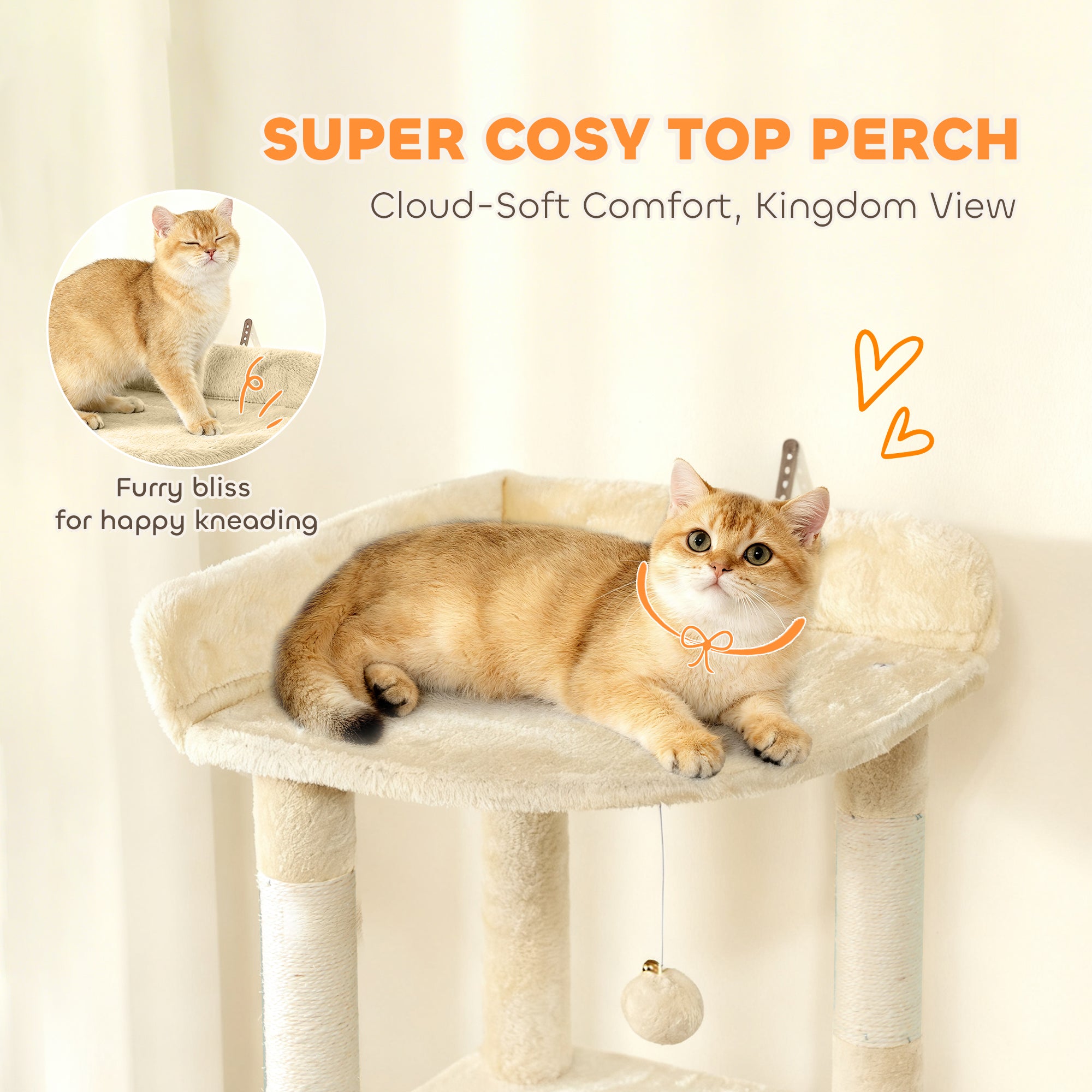 Cat Tree, 67" Large Cat Tower for Indoor Kittens Multi-Level with 7 Scratching Posts, Tunnel, 2 Plush Condos, Hammock, Perch, Ramp, Pompoms, Beige