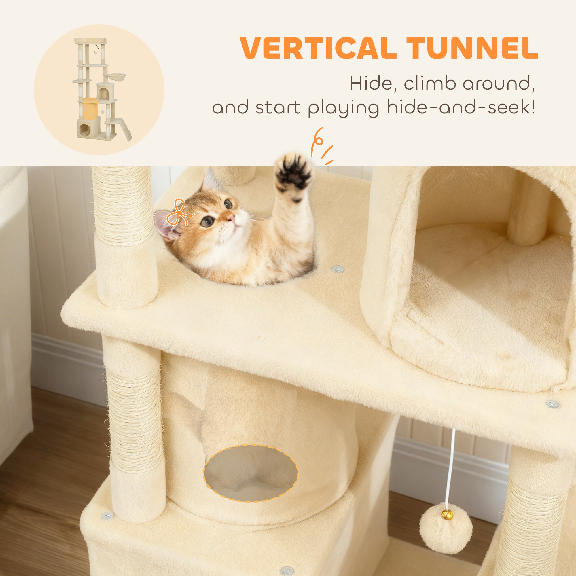 Cat Tree, 67" Large Cat Tower for Indoor Kittens Multi-Level with 7 Scratching Posts, Tunnel, 2 Plush Condos, Hammock, Perch, Ramp, Pompoms, Beige
