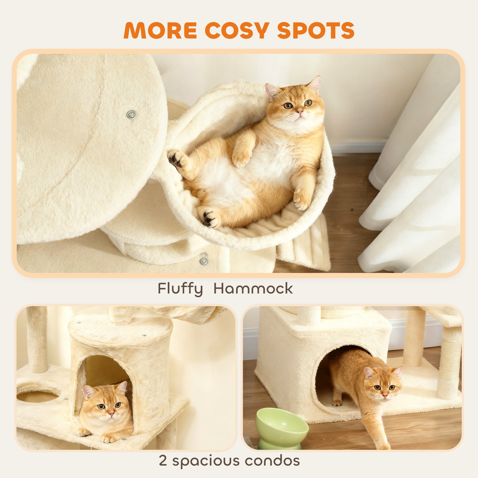 Cat Tree, 67" Large Cat Tower for Indoor Kittens Multi-Level with 7 Scratching Posts, Tunnel, 2 Plush Condos, Hammock, Perch, Ramp, Pompoms, Beige