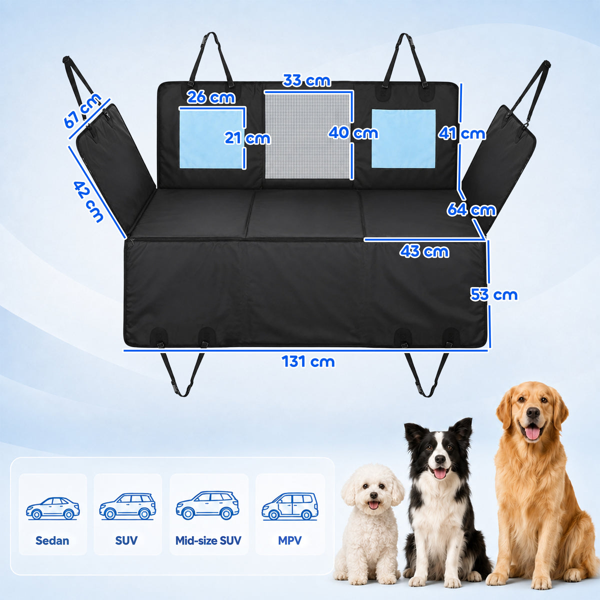 Dog Car Seat Cover, Waterproof Dog Travel Hammock with Non-Slip & Anti-Scratch Surface, Mesh Window and Pockets, Foldable Back Seat Cover for Cars, Trucks and SUVs, Blue