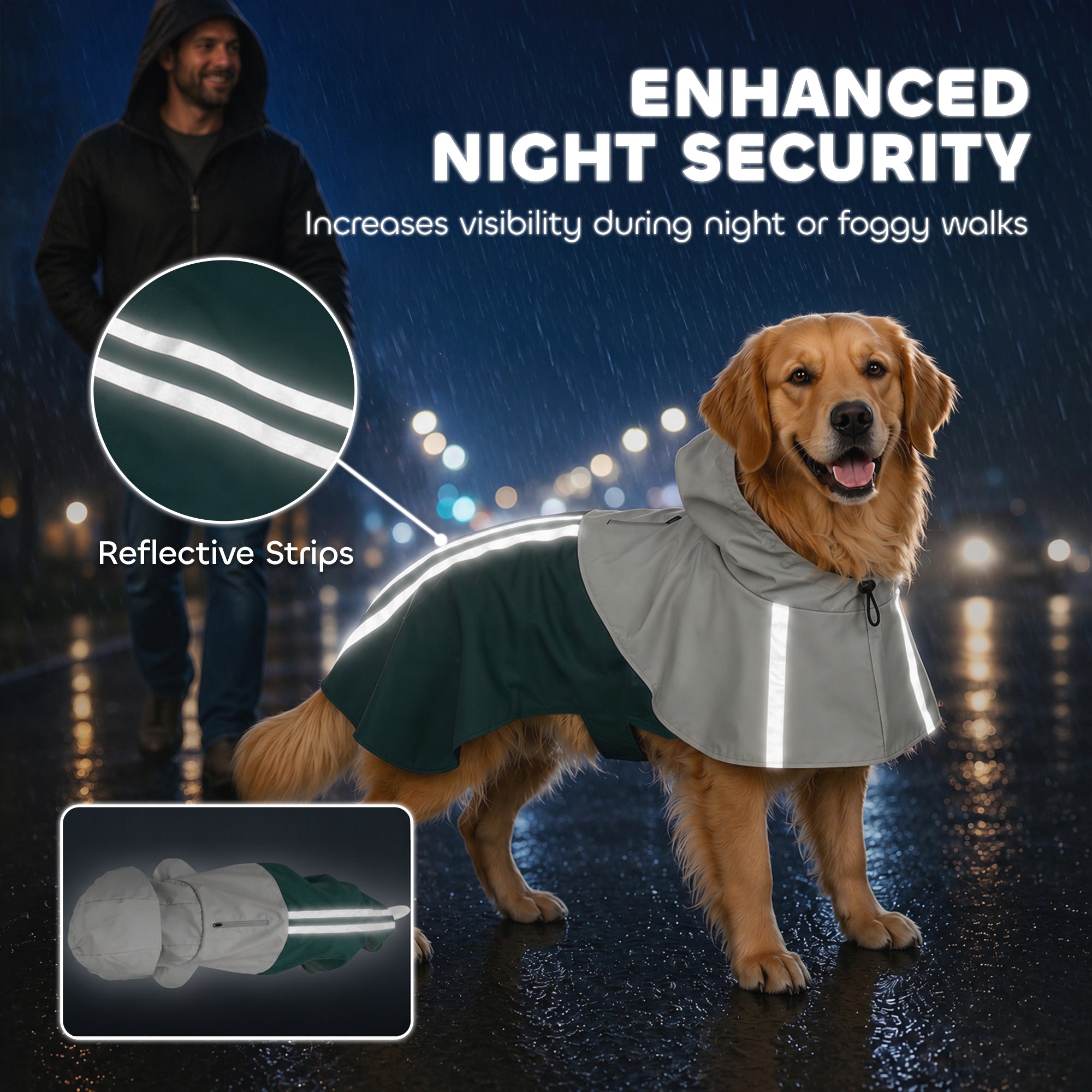 Dog Raincoat with Hood, Waterproof & Breathable Rain Jacket with Reflective Strips and Leash Hole, Adjustable Poncho for Large Dogs, 20-30 KG Available, Green, L