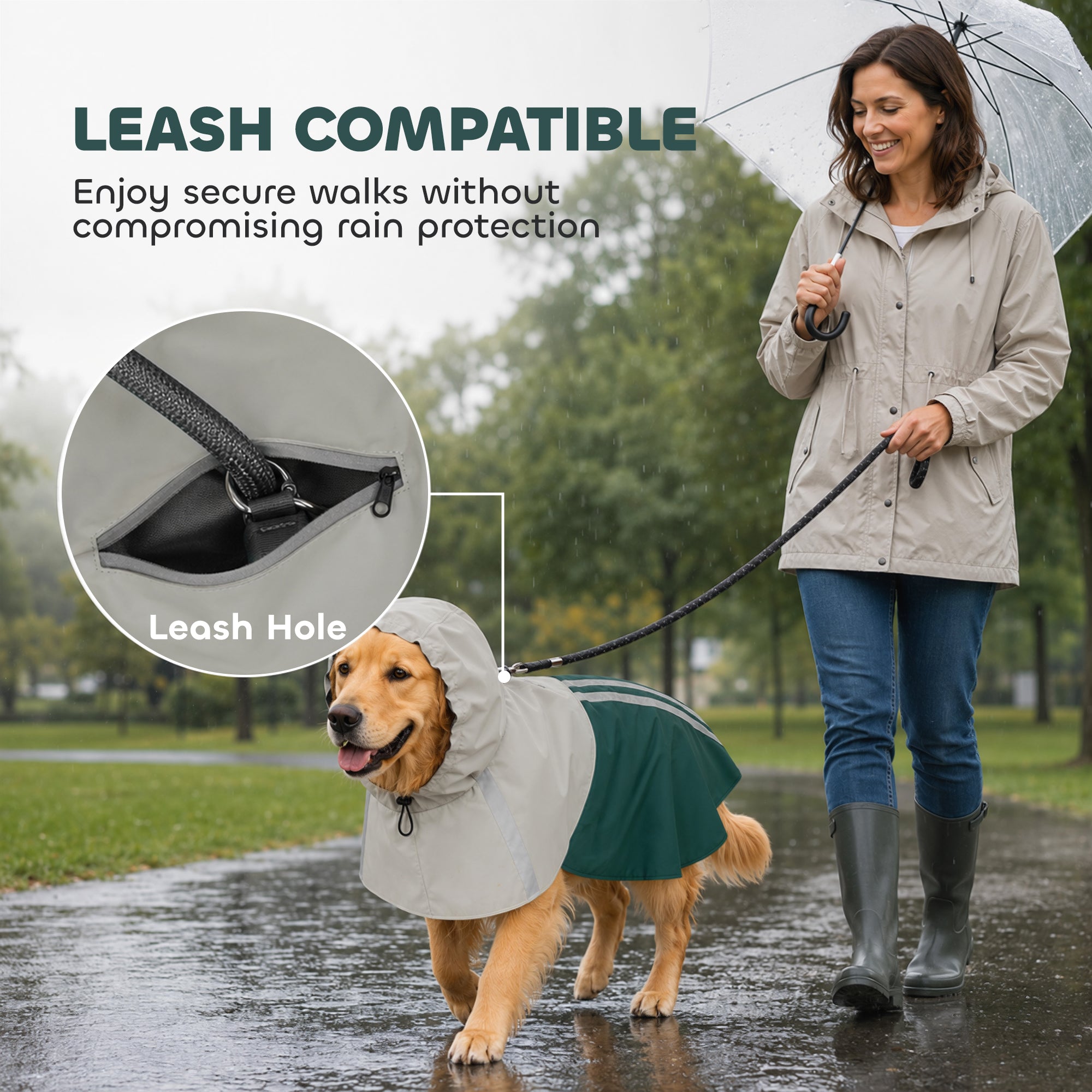 Dog Raincoat with Hood, Waterproof & Breathable Rain Jacket with Reflective Strips and Leash Hole, Adjustable Poncho for Large Dogs, 20-30 KG Available, Green, L