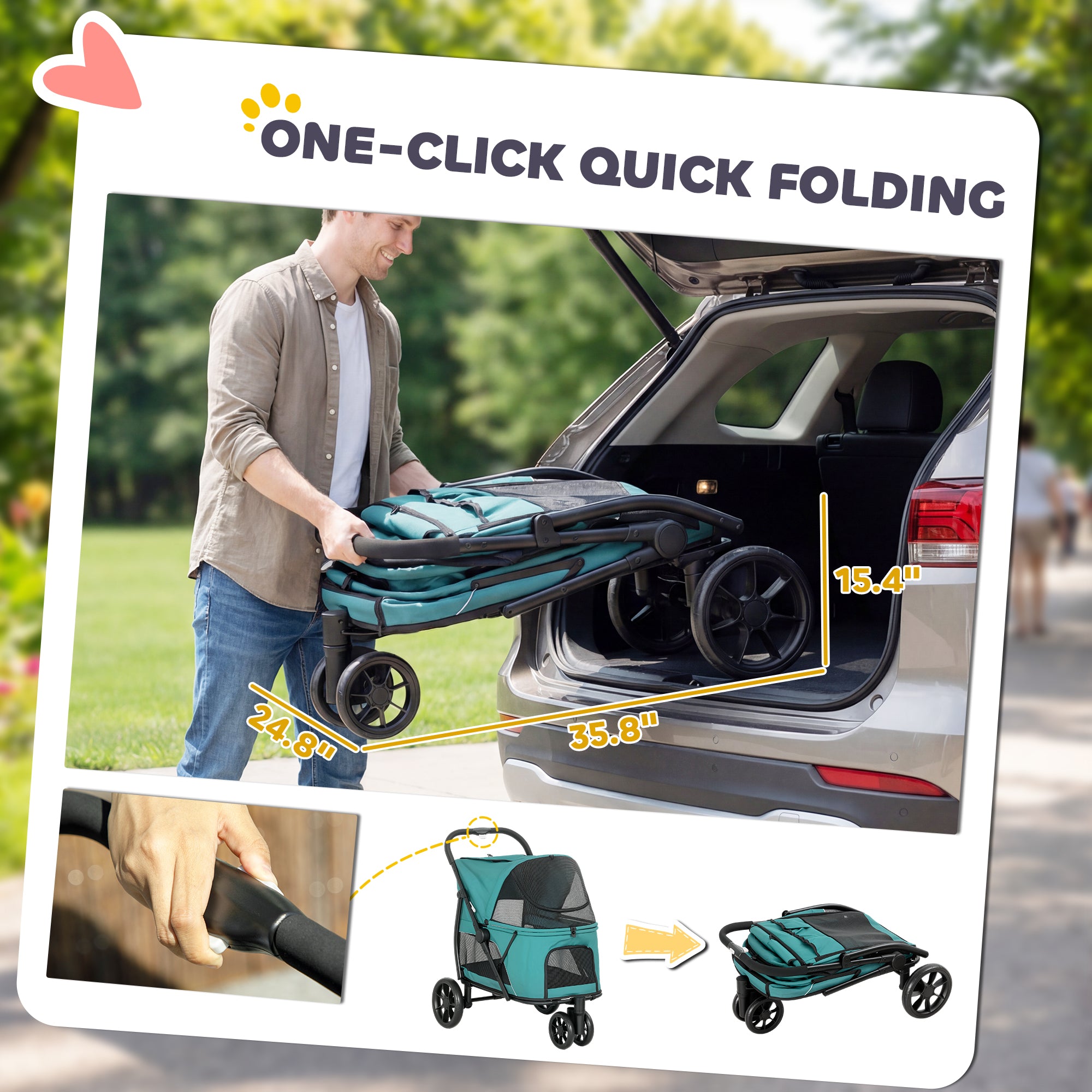 Dog Stroller, 3 Wheels Pet Stroller with Dual Entry, Easy One-Click Quick Fold, Mesh Windows, Washable Cushion, Pet Travel Buggy for Small and Medium Dogs and Cats, Dark Green