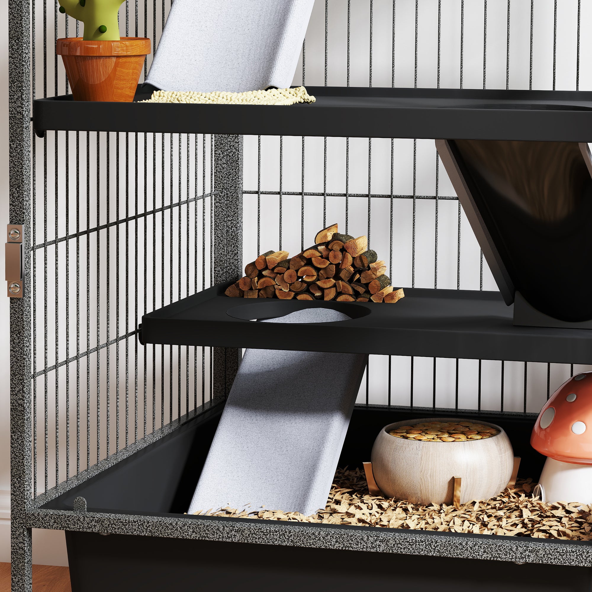 45 Inch Small Animal Cage, 4-Tier Rolling Ferret Chinchilla Rabbit Cage with 6 Inch Deep Slide-Out Tray, Platforms, Hammock, for Bunnies, Ferrets, Chinchillas, Squirrels, Gray