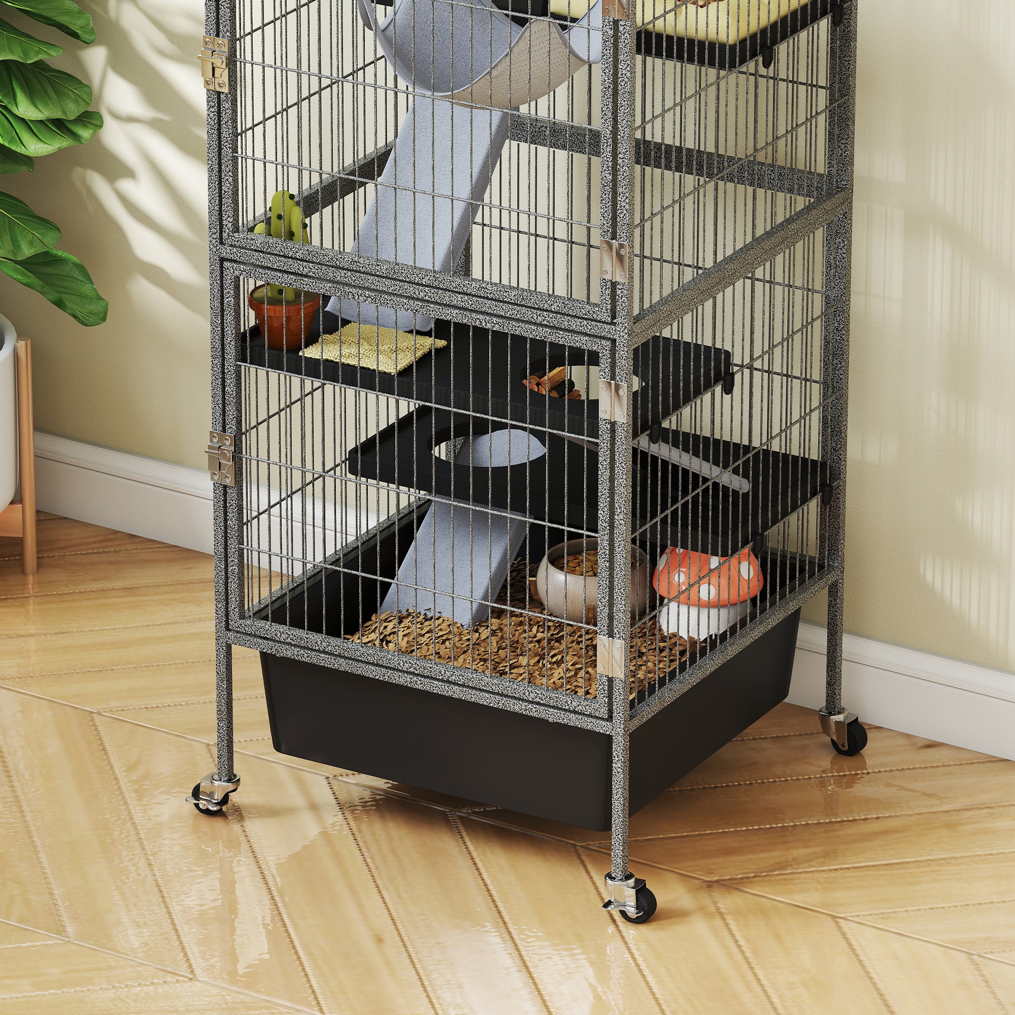 45 Inch Small Animal Cage, 4-Tier Rolling Ferret Chinchilla Rabbit Cage with 6 Inch Deep Slide-Out Tray, Platforms, Hammock, for Bunnies, Ferrets, Chinchillas, Squirrels, Gray