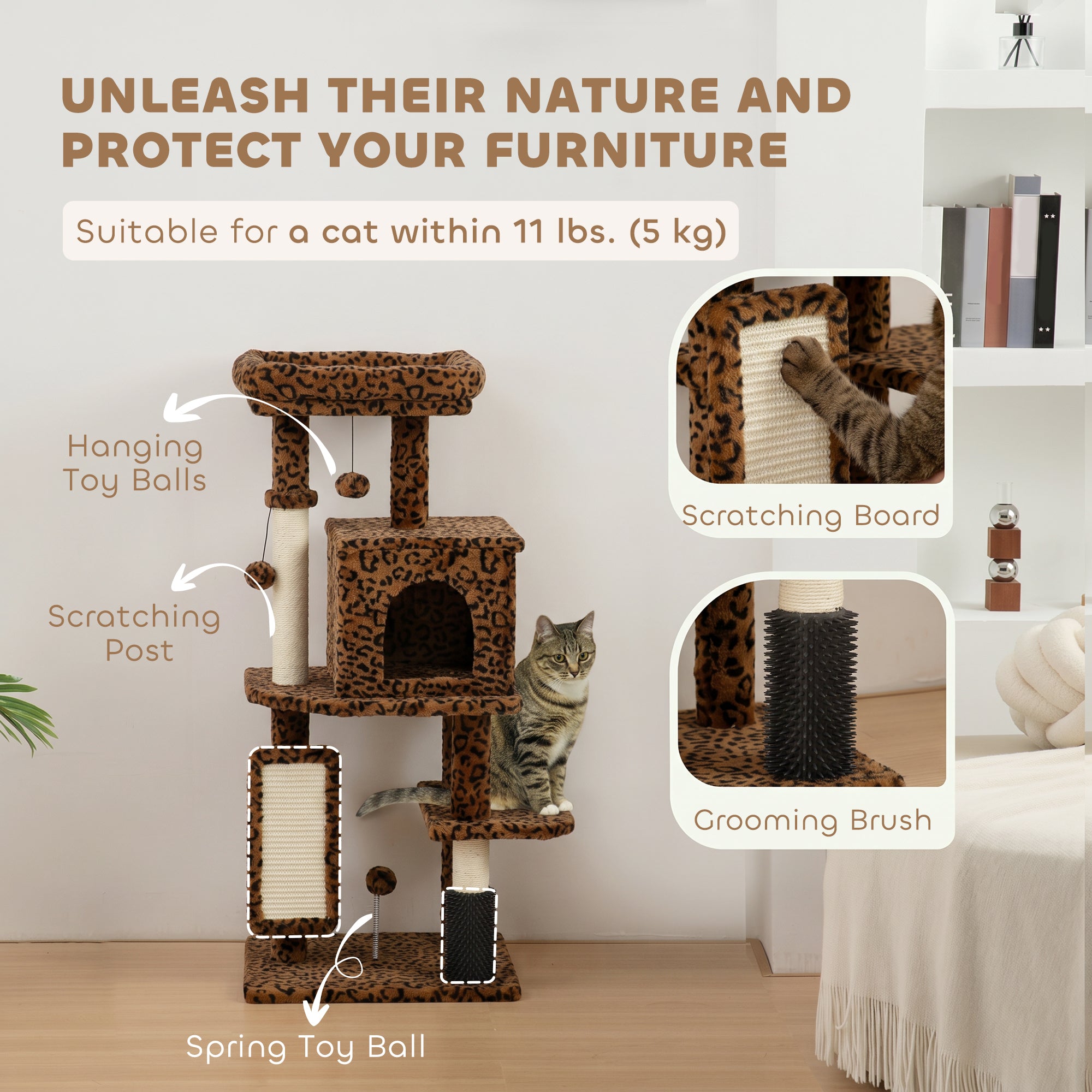 Cat Tree for Large Cat Adults, 41 Inch Cat Tower for Indoor Cats w/ Scratching Posts, Cat Bed, Condo, Jumping Platforms, Toy Balls, Leopard Print