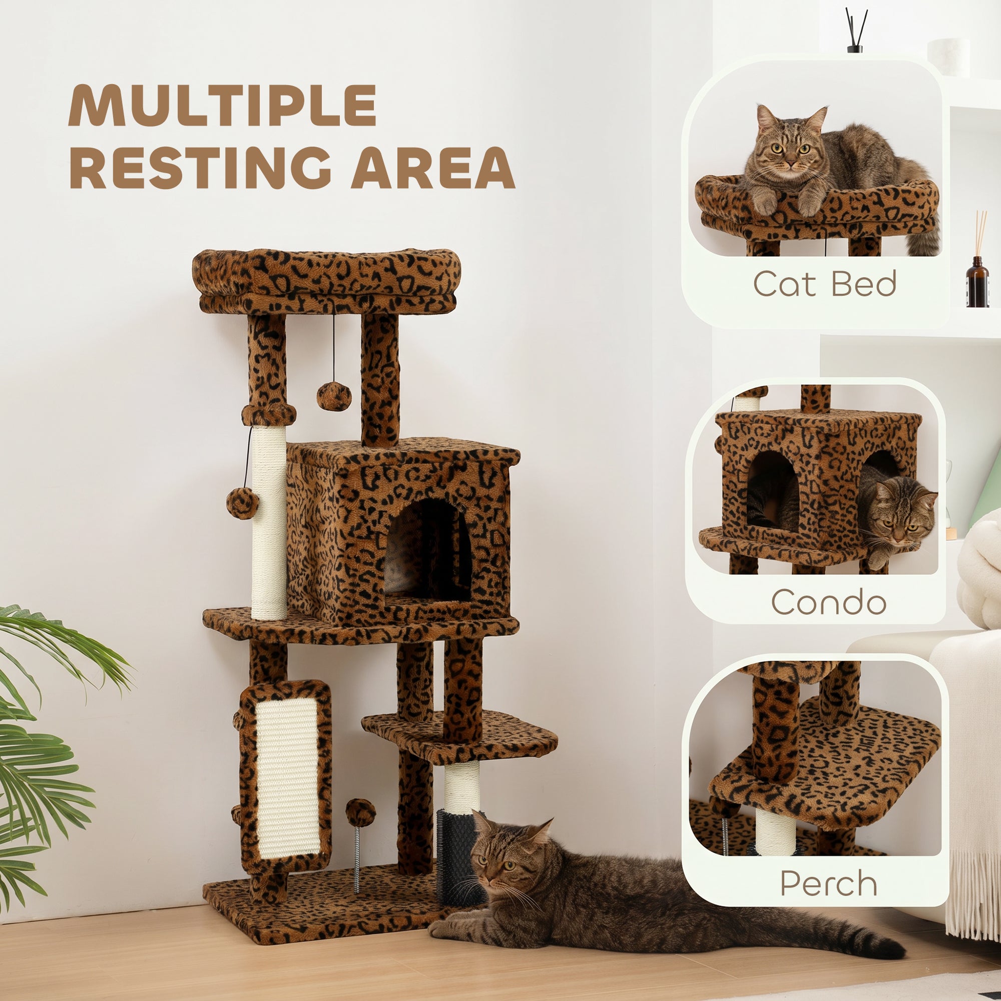 Cat Tree for Large Cat Adults, 41 Inch Cat Tower for Indoor Cats w/ Scratching Posts, Cat Bed, Condo, Jumping Platforms, Toy Balls, Leopard Print
