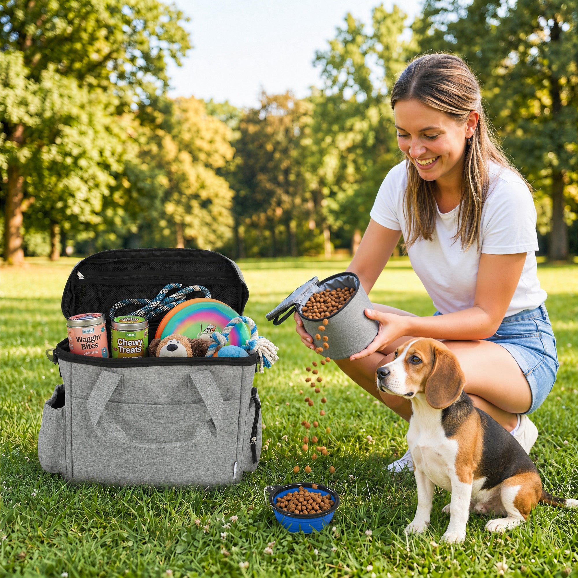 Dog Travel Bag, Dog Walking Bag with Multiple Pockets, Two Food Containers and Silicone Collapsible Bowl, Treat Pouch Bag for Cat Puppy Picnic Camping, Light Grey