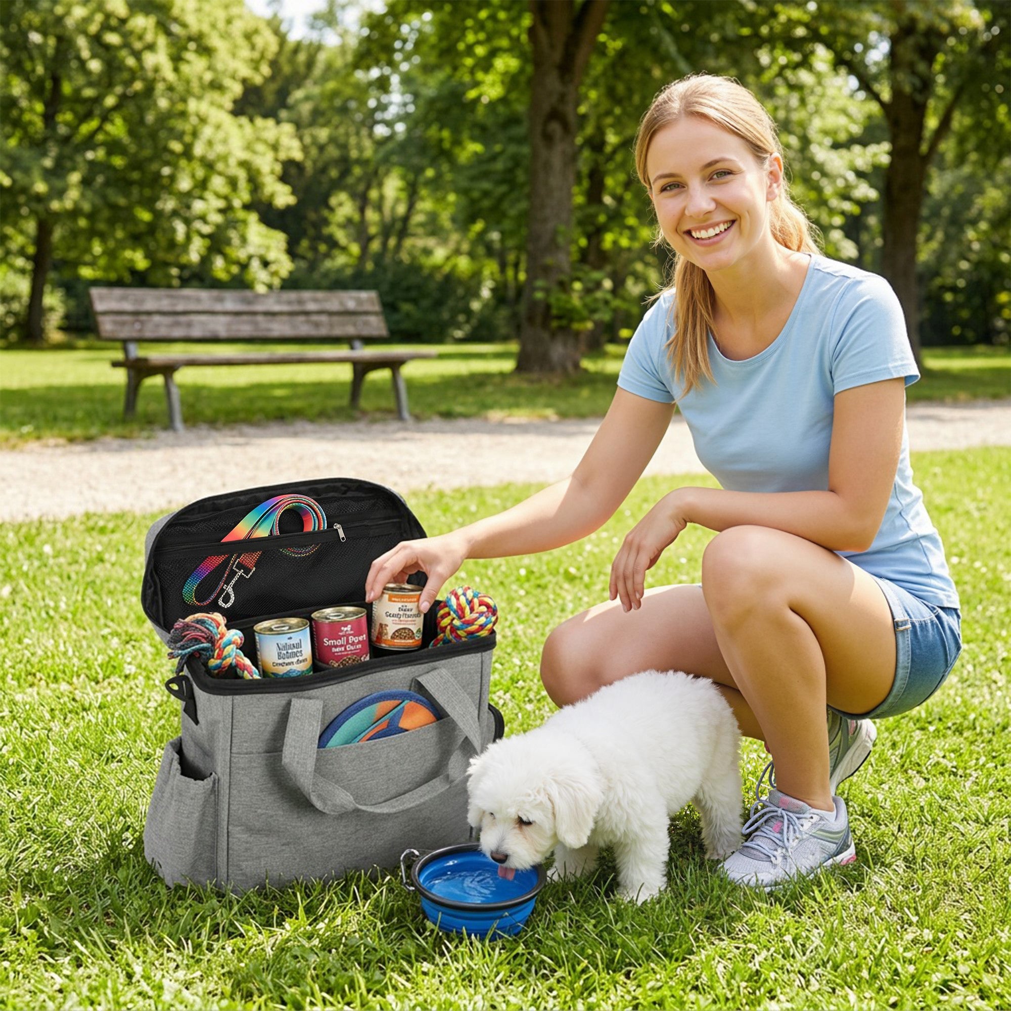 Dog Travel Bag, Dog Walking Bag with Multiple Pockets, Two Food Containers and Silicone Collapsible Bowl, Treat Pouch Bag for Cat Puppy Picnic Camping, Light Grey