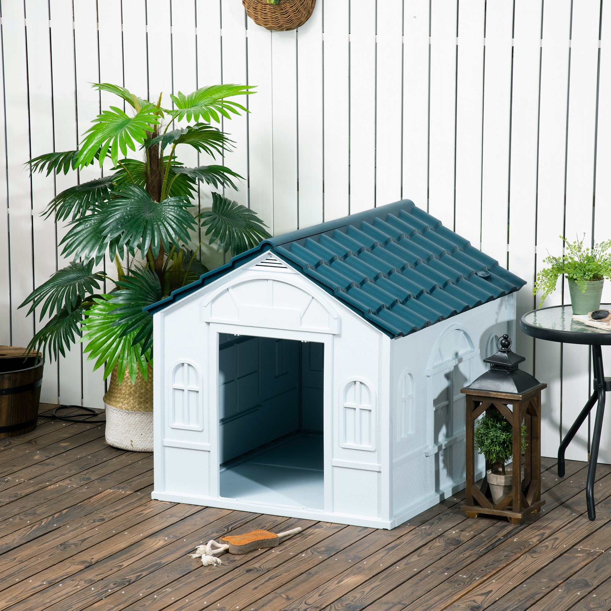 PawHut Plastic Dog House, Water Resistant Puppy Shelter Indoor Outdoor with Door, Easy to Assemble, for Large Dogs, Blue