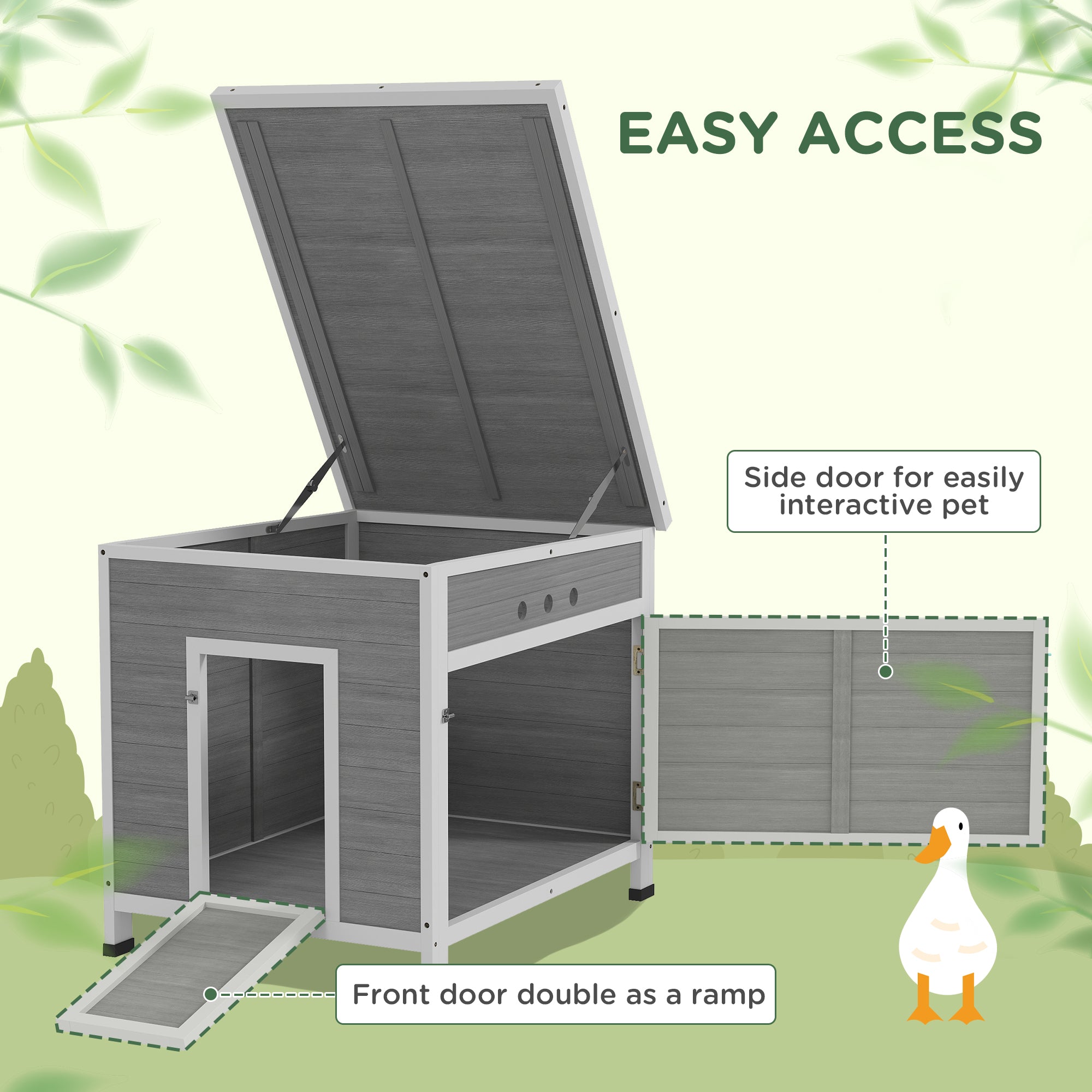 Wooden Duck House, Raised Poultry Coop with Ramp, Double Doors, Openable Asphalt Roof, Ventilation Holes, Removable Base, for 2-4 Ducks, Chickens, Geese, Light Grey
