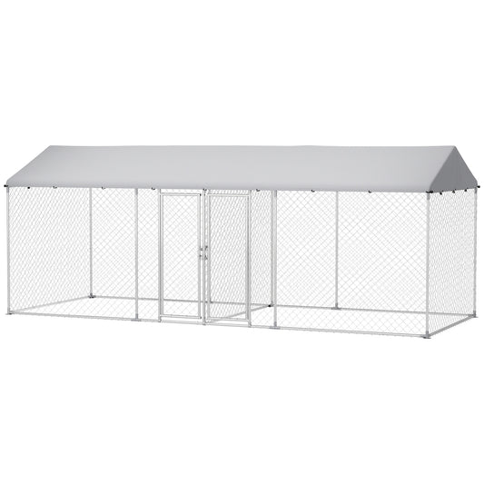 Outdoor Dog Kennel with Two Rooms, Heavy Duty Dog Run Outdoor Fence Cage with Waterproof UV-Resistant Cover, Escape-Proof Lock, 19.7' x 7.5' x 7.5'