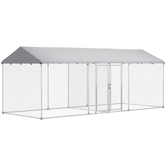 Outdoor Dog Kennel with Two Rooms, Heavy Duty Dog Run Outdoor Fence Cage with Waterproof UV-Resistant Cover, Escape-Proof Lock, 19.7' x 7.5' x 7.5'
