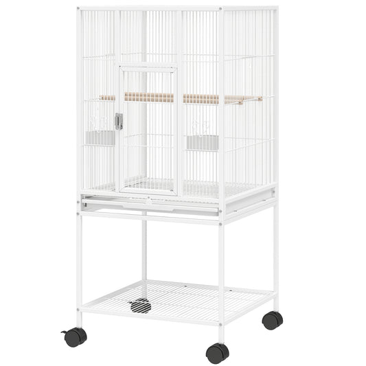 Detachable Bird Cage on Wheels, for Finches, Parakeets, Budgies, Budgie Cage, Parrot Aviary with Accessories, Storage Shelf - White
