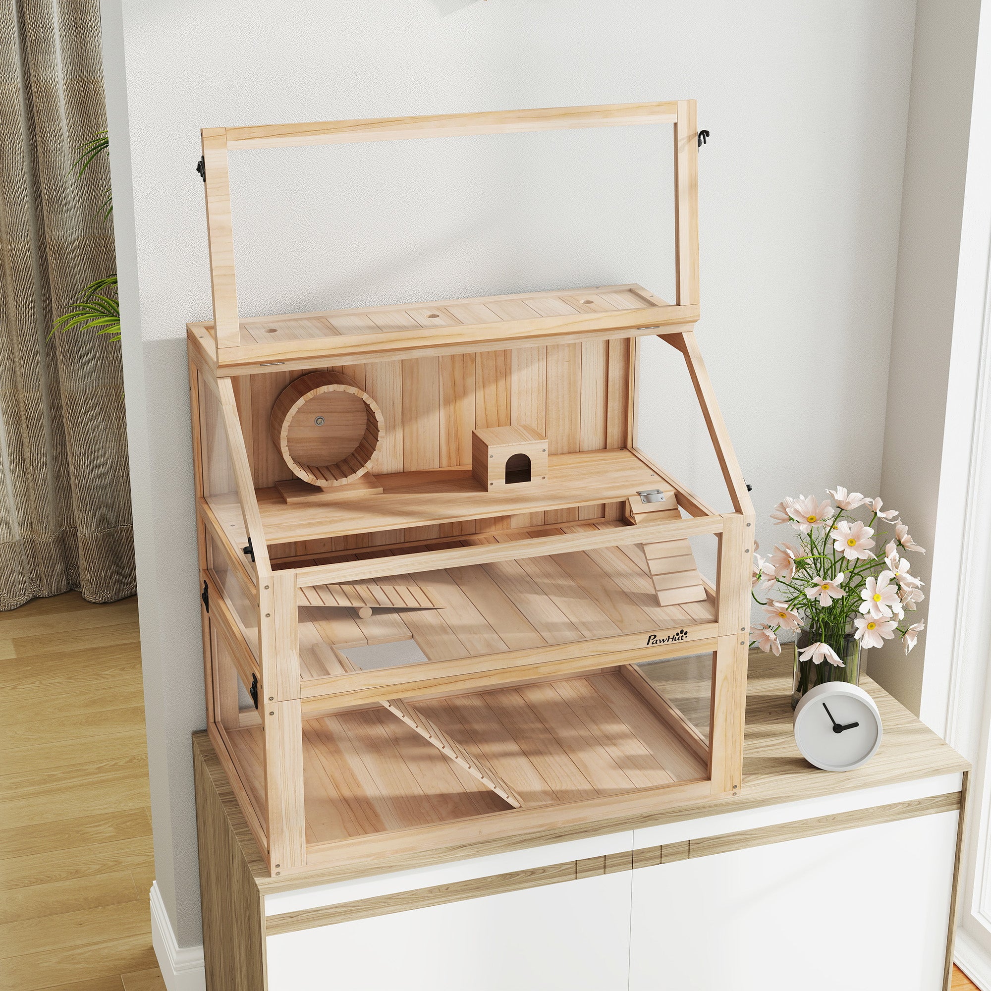 Wooden Hamster Cage, 3 Tier Small Gerbil Cage with Detachable 31cm Deep Bottom, Hut, Seesaw, Exercise Wheel, Ramps, Natural Wood Finish