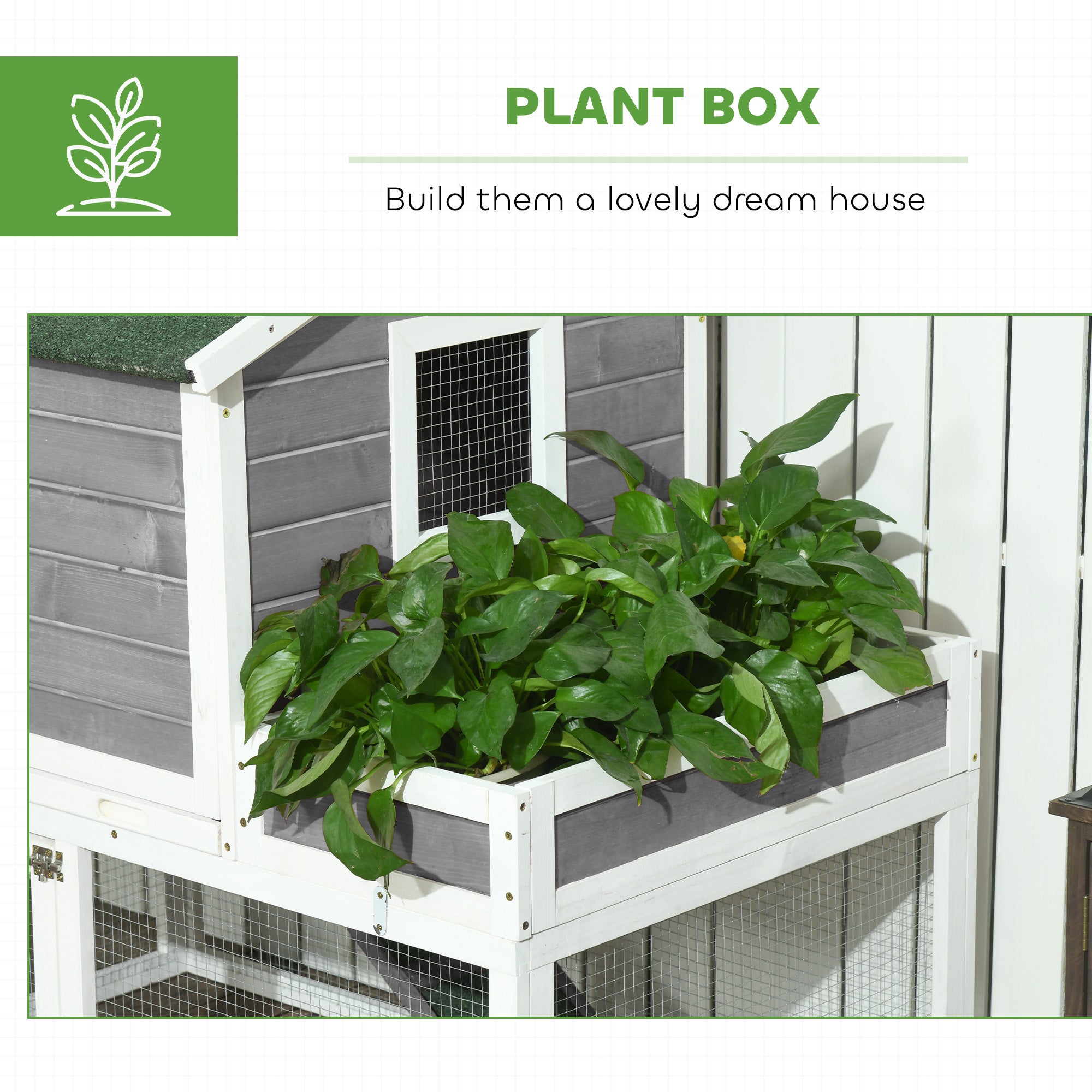 63" Wooden Chicken Coop Hen House Poultry Cage for Outdoor Backyard with Raised Garden Bed, Run Area, Nesting Box and Removable Tray, Gray
