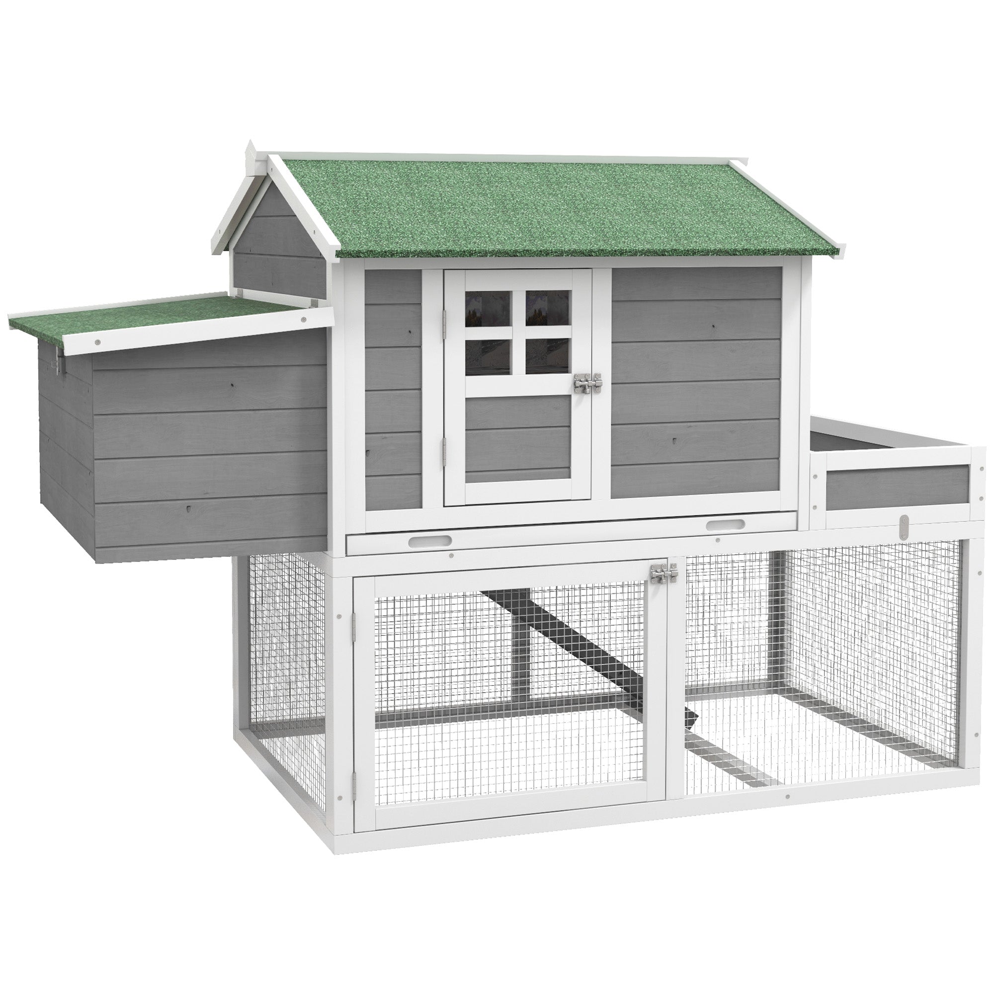 63" Wooden Chicken Coop Hen House Poultry Cage for Outdoor Backyard with Raised Garden Bed, Run Area, Nesting Box and Removable Tray, Gray