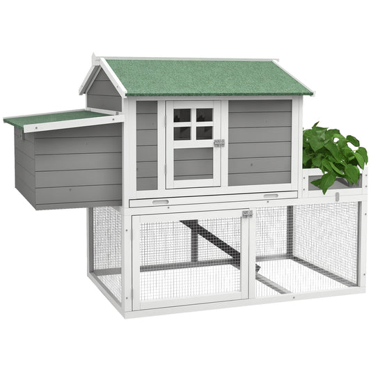 63" Wooden Chicken Coop Hen House Poultry Cage for Outdoor Backyard with Raised Garden Bed, Run Area, Nesting Box and Removable Tray, Gray