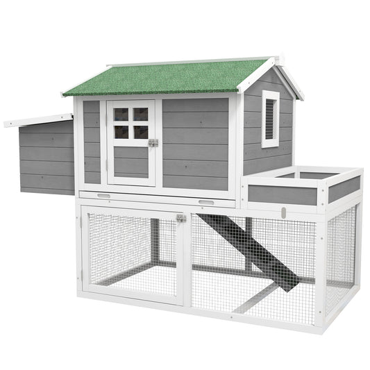 63" Wooden Chicken Coop Hen House Poultry Cage for Outdoor Backyard with Raised Garden Bed, Run Area, Nesting Box and Removable Tray, Gray