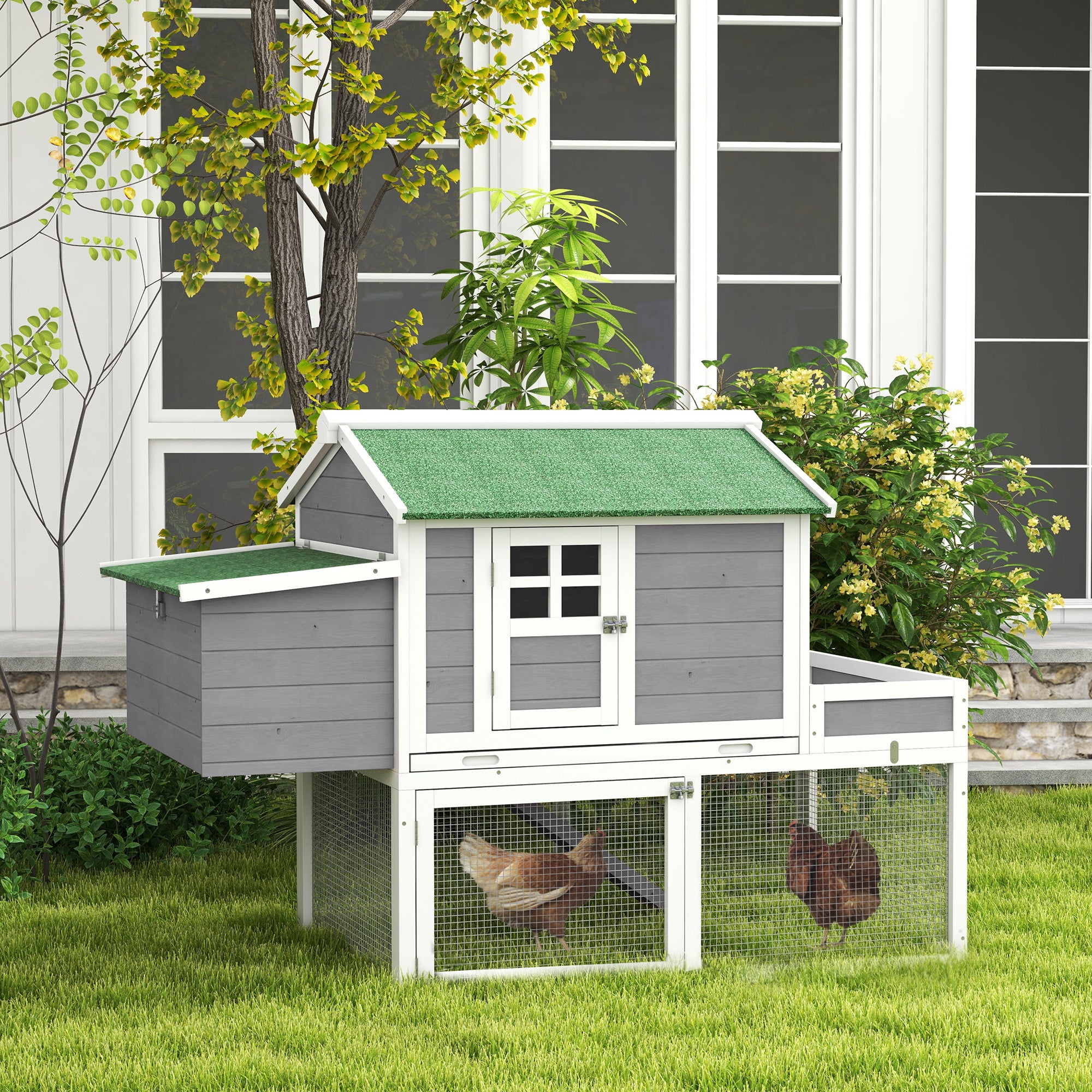 63" Wooden Chicken Coop Hen House Poultry Cage for Outdoor Backyard with Raised Garden Bed, Run Area, Nesting Box and Removable Tray, Gray