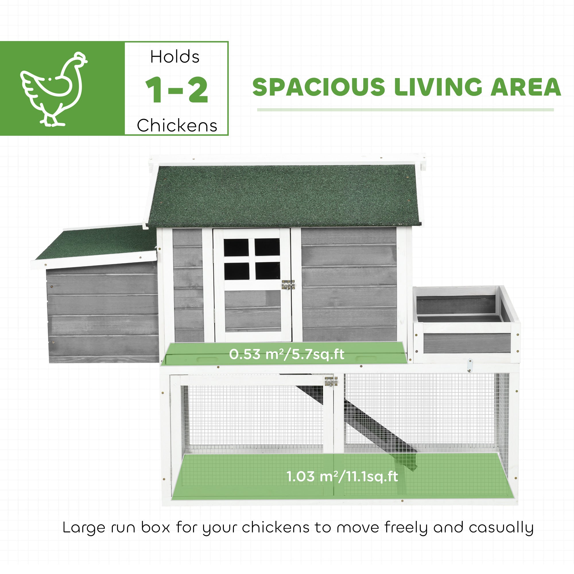 63" Wooden Chicken Coop Hen House Poultry Cage for Outdoor Backyard with Raised Garden Bed, Run Area, Nesting Box and Removable Tray, Gray