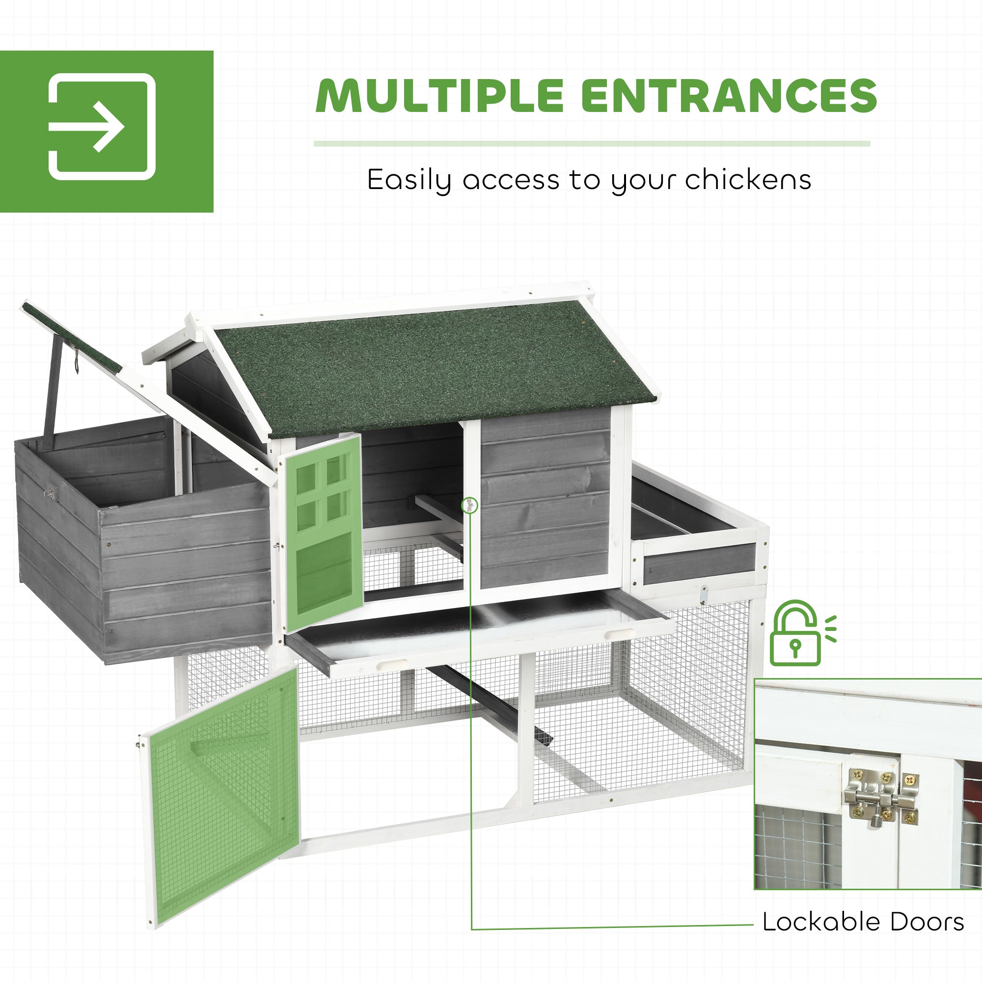 63" Wooden Chicken Coop Hen House Poultry Cage for Outdoor Backyard with Raised Garden Bed, Run Area, Nesting Box and Removable Tray, Gray