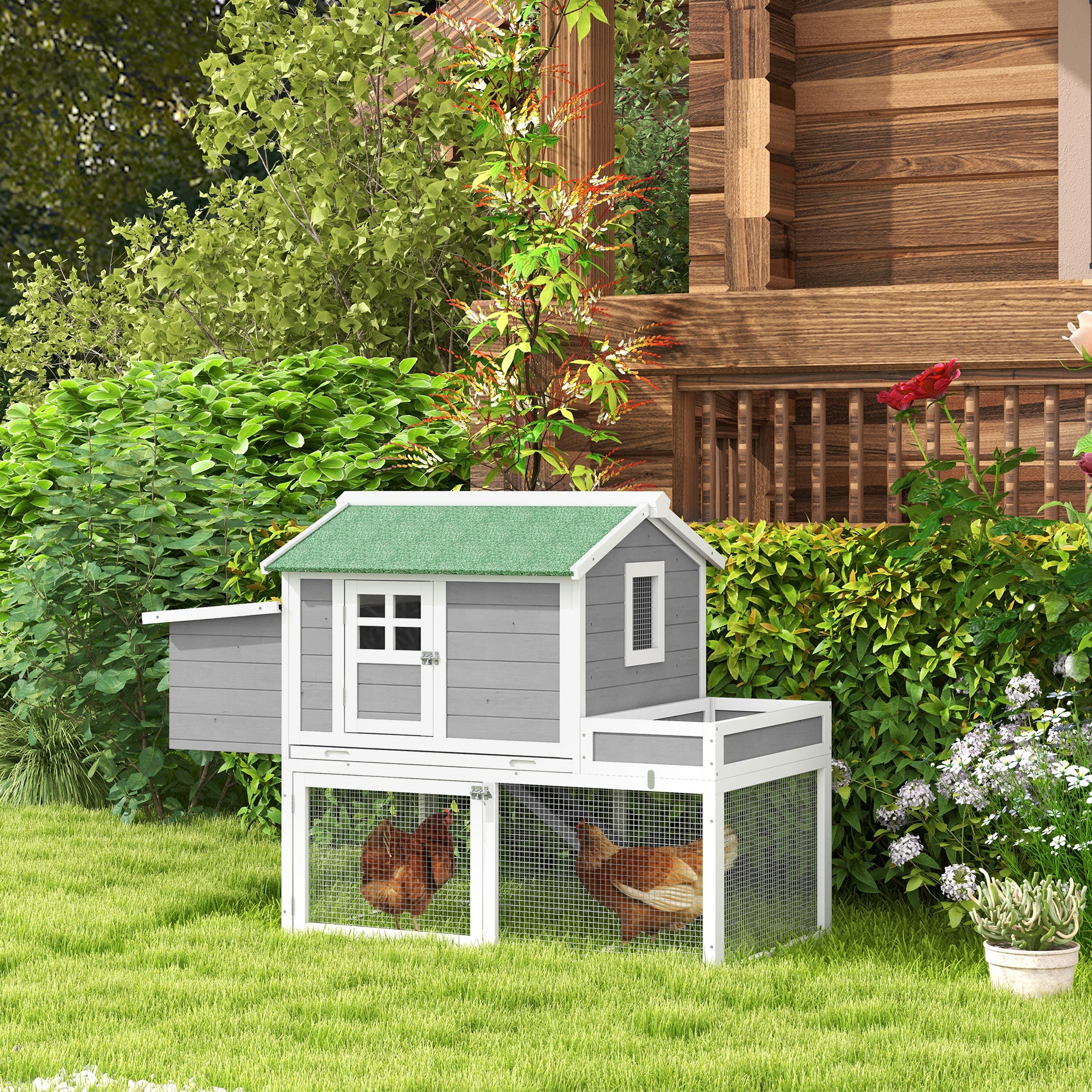 63" Wooden Chicken Coop Hen House Poultry Cage for Outdoor Backyard with Raised Garden Bed, Run Area, Nesting Box and Removable Tray, Gray