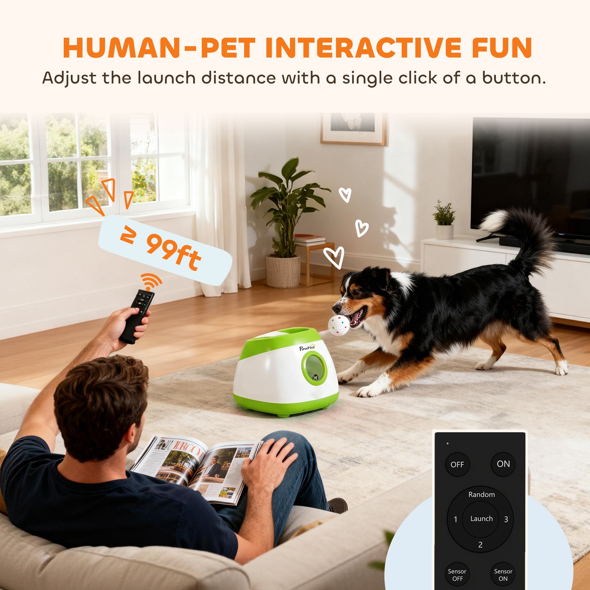 Automatic Dog Ball Launcher, Rechargeable Dog Ball Thrower with Remote Control, 3 Adjustable Distance (39ft/59ft/78ft), 6 ETPU Tennis Fetch Toys 2.5", for Medium Large Breeds, Green