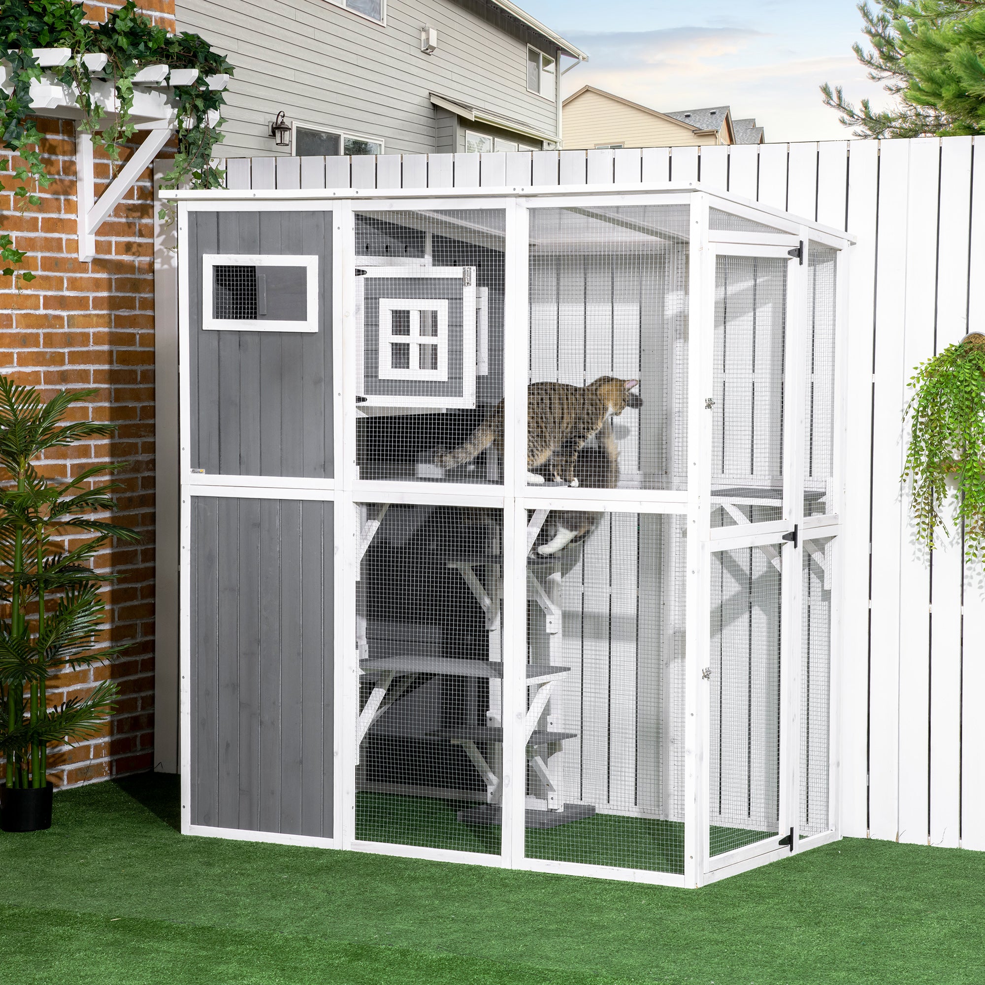 Wooden Cat Catio, 66.5"L Walk in Outdoor Cat House with PVC Weather Protection Roof, Multiple Platforms, Lockable Doors, Resting Condo, Observation Window, for 2 Cats
