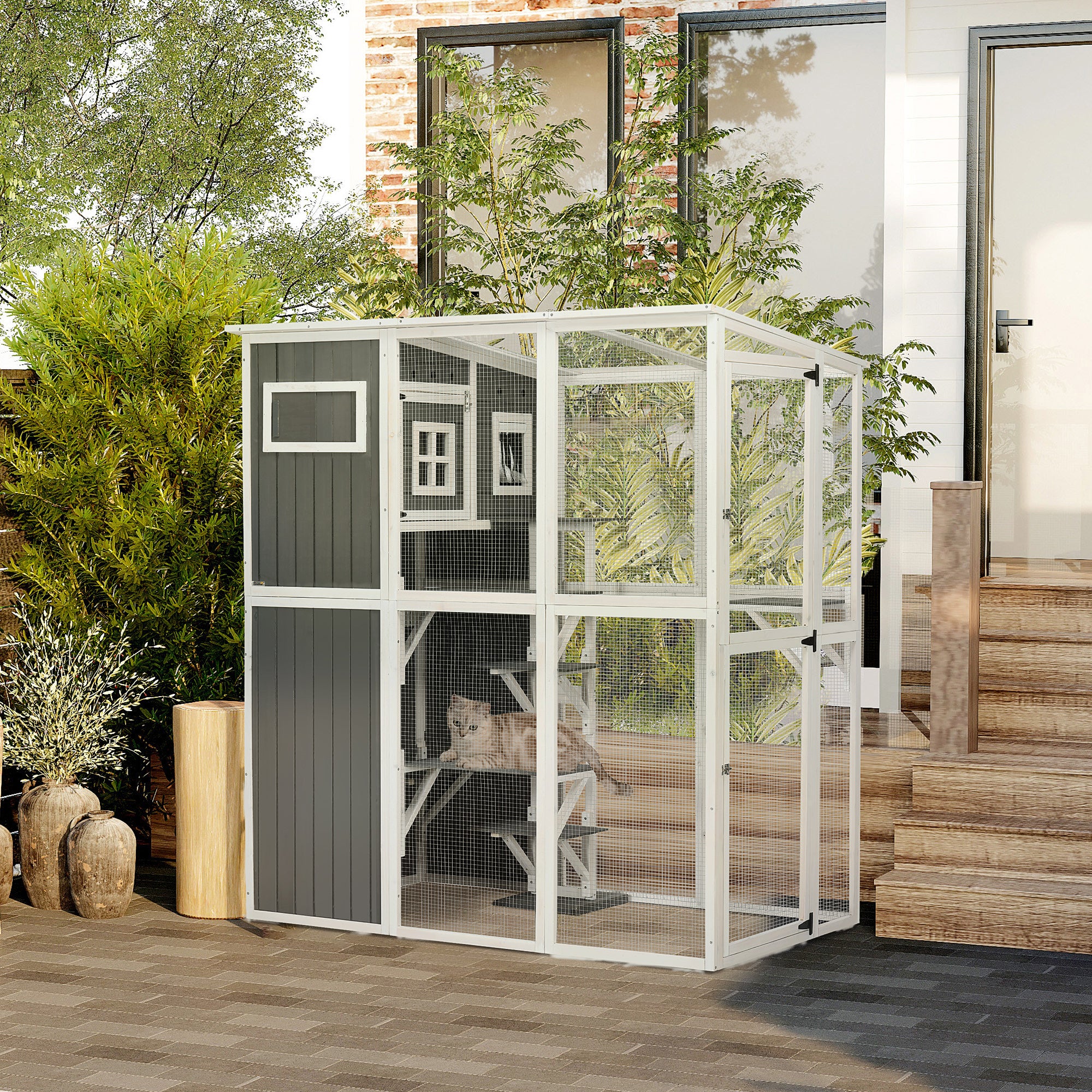 Wooden Cat Catio, 66.5"L Walk in Outdoor Cat House with PVC Weather Protection Roof, Multiple Platforms, Lockable Doors, Resting Condo, Observation Window, for 2 Cats