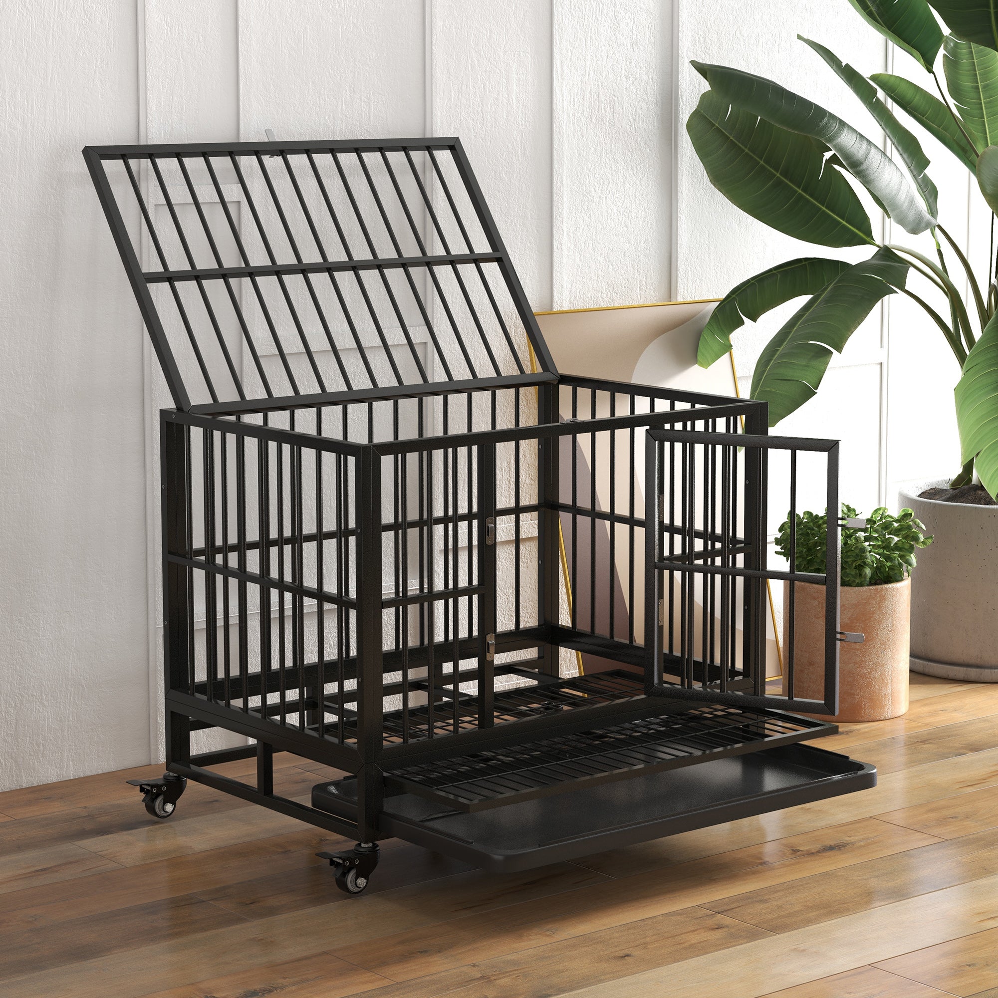PawHut 36" Heavy Duty Dog Crate Metal Cage Kennel with Lockable Wheels, Double Door and Removable Tray, Gray