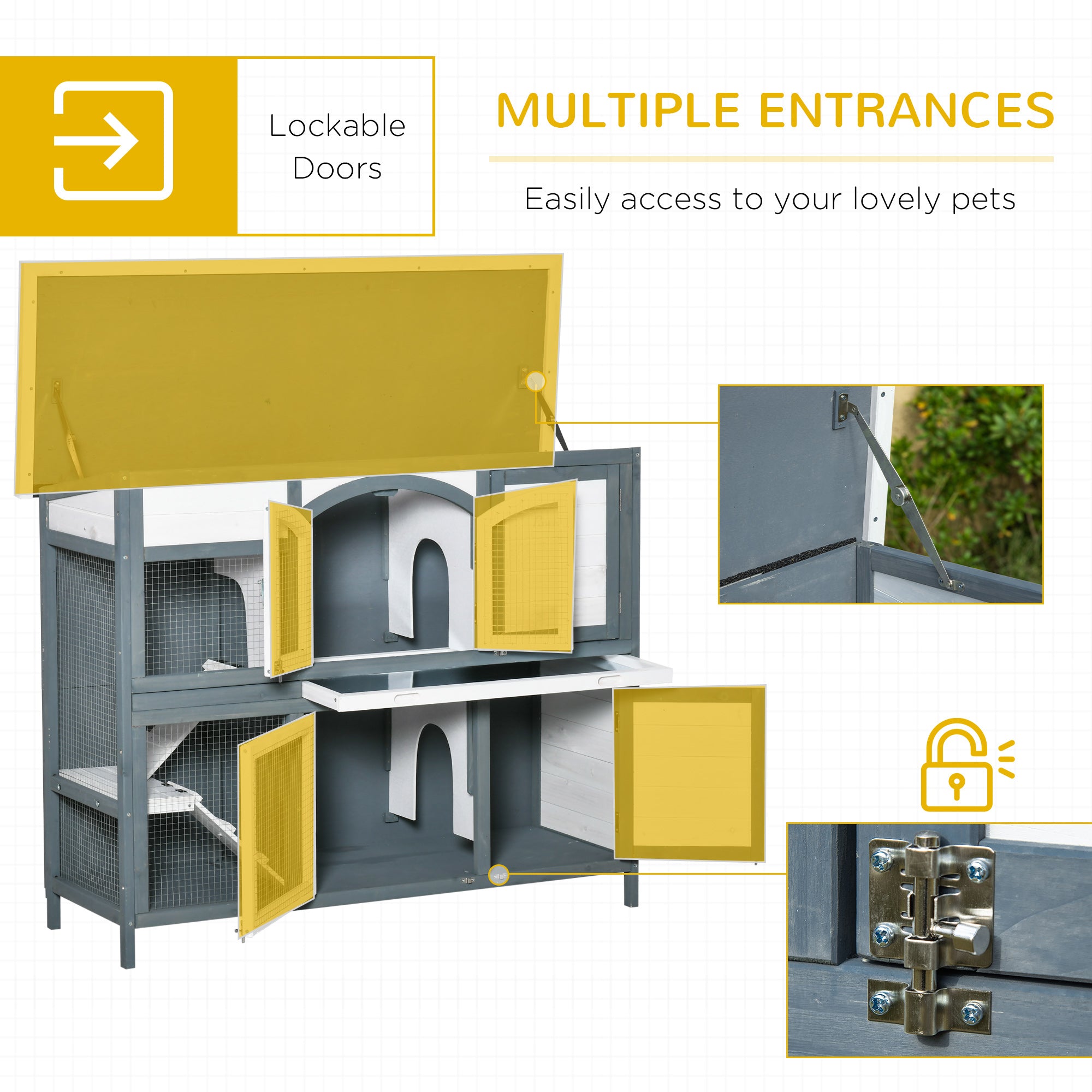 Rabbit Hutch Outdoor Guinea Pig Hutch 2 Tier Wooden Cage w/ Ramp, Divider, Openable Roof, 125 x 48 x 100cm - Grey