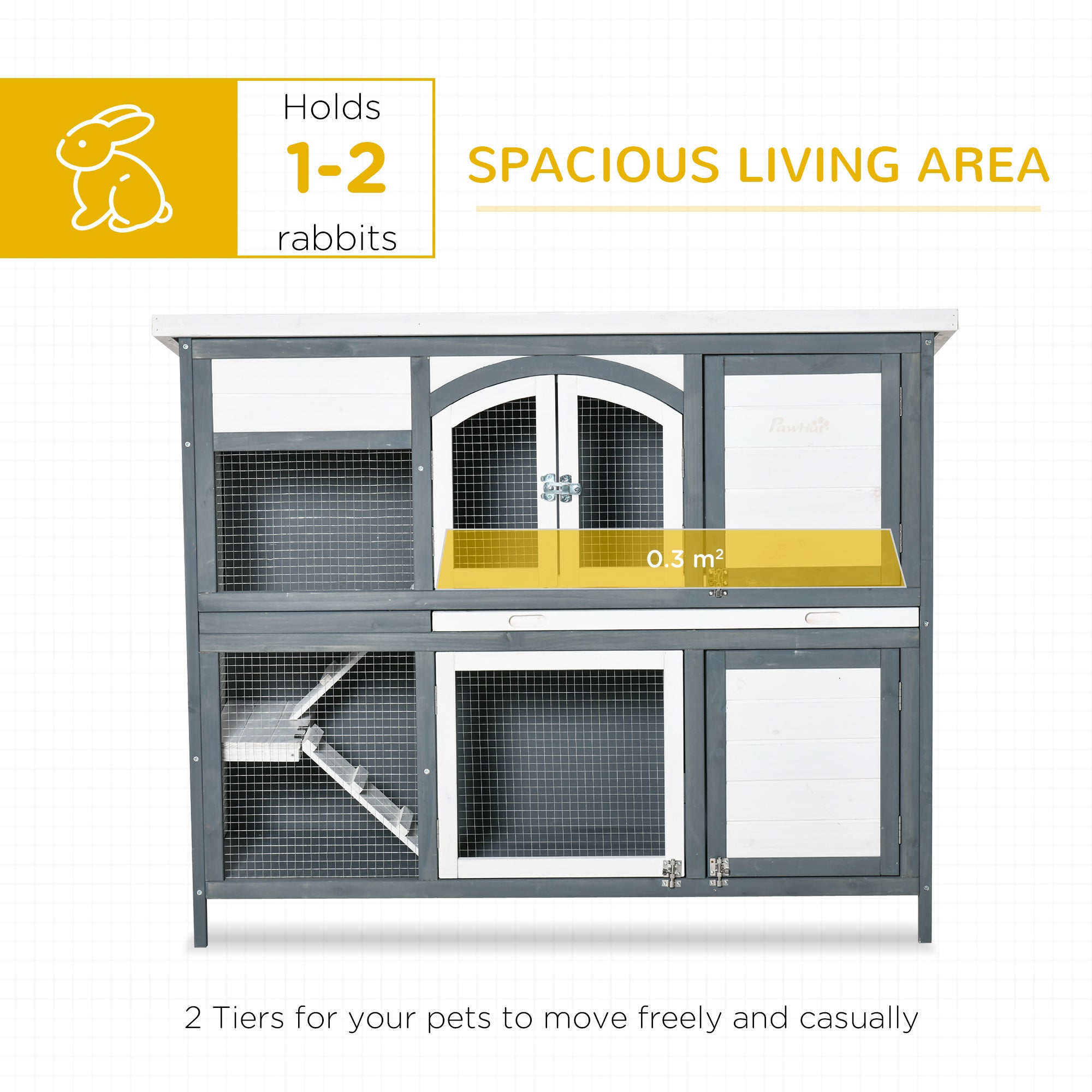 Rabbit Hutch Outdoor Guinea Pig Hutch 2 Tier Wooden Cage w/ Ramp, Divider, Openable Roof, 125 x 48 x 100cm - Grey