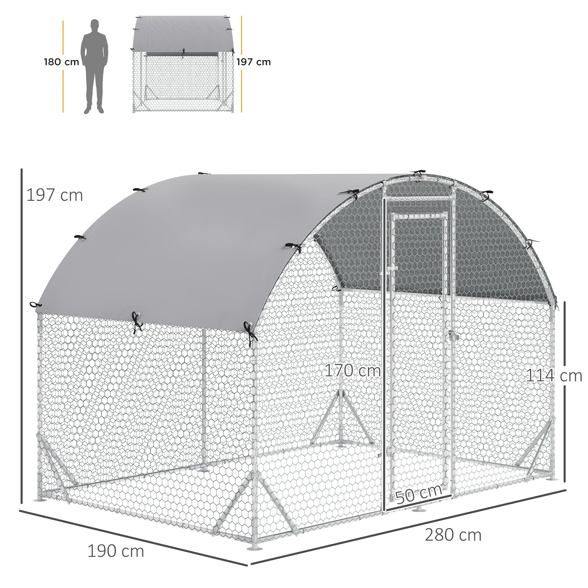 Walk In Chicken Run Galvanised Chicken Coop Hen Poultry House Cage Pet Playpen Garden with Water-Resist Cover, 2.8 x 1.9 x 2m