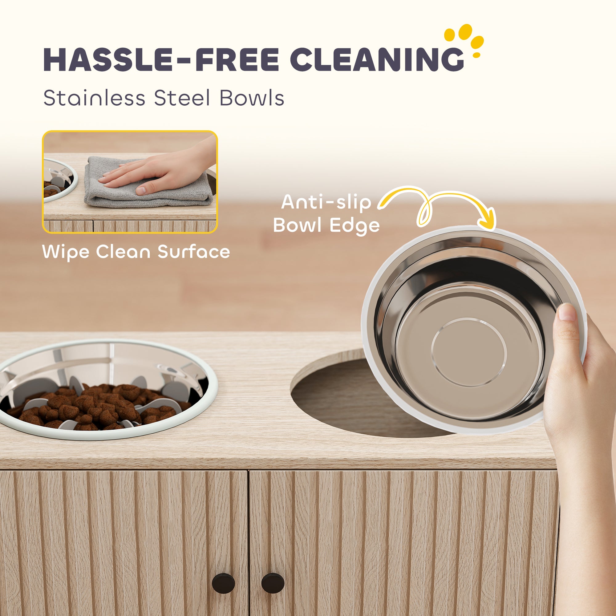 Elevated Dog Bowls with Storage Cabinet, Raised Dog Bowl Stand, Dog Feeding Station with Slow Feeder & Non-Slip, for Large Pets, Oak