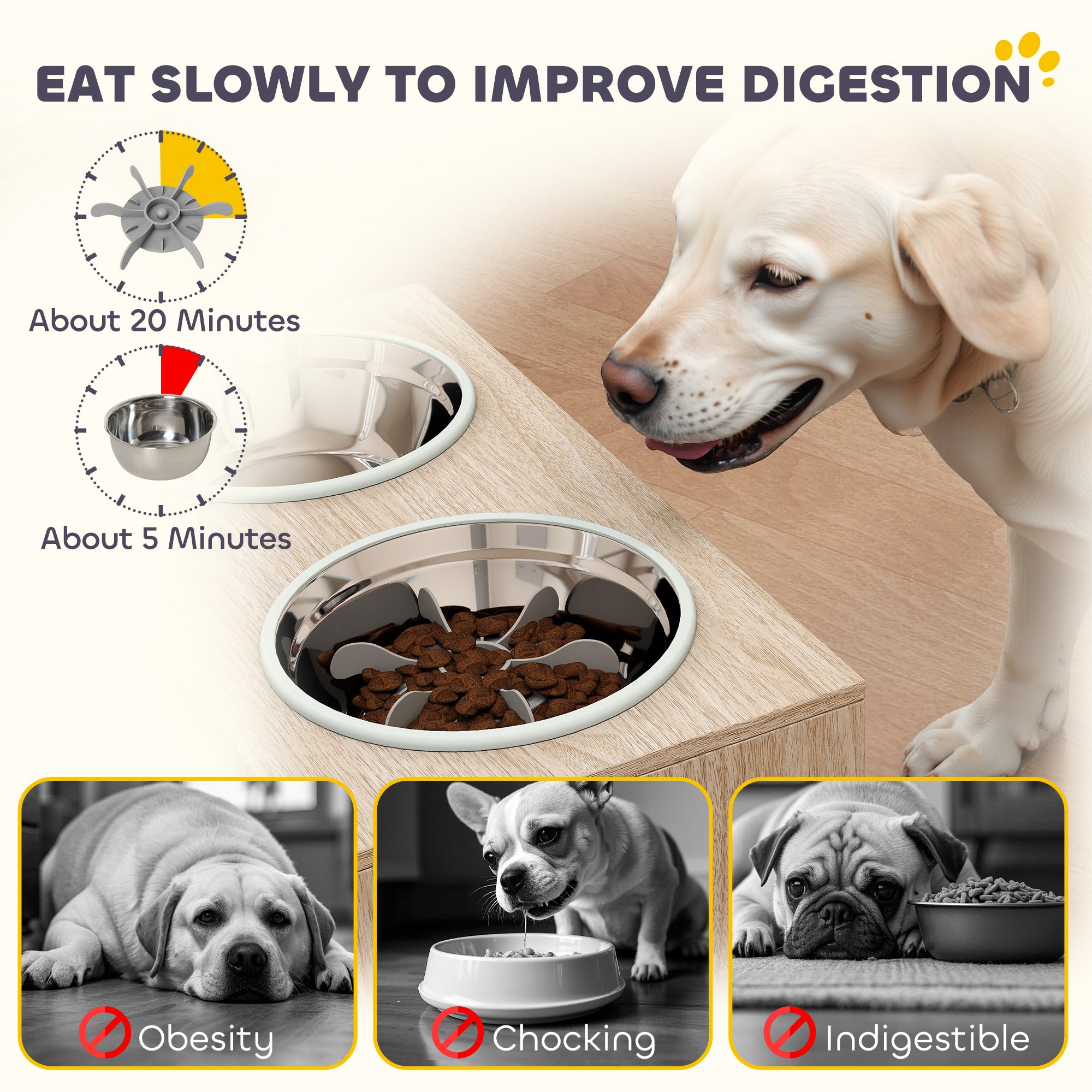 Elevated Dog Bowls with Storage Cabinet, Raised Dog Bowl Stand, Dog Feeding Station with Slow Feeder & Non-Slip, for Large Pets, Oak