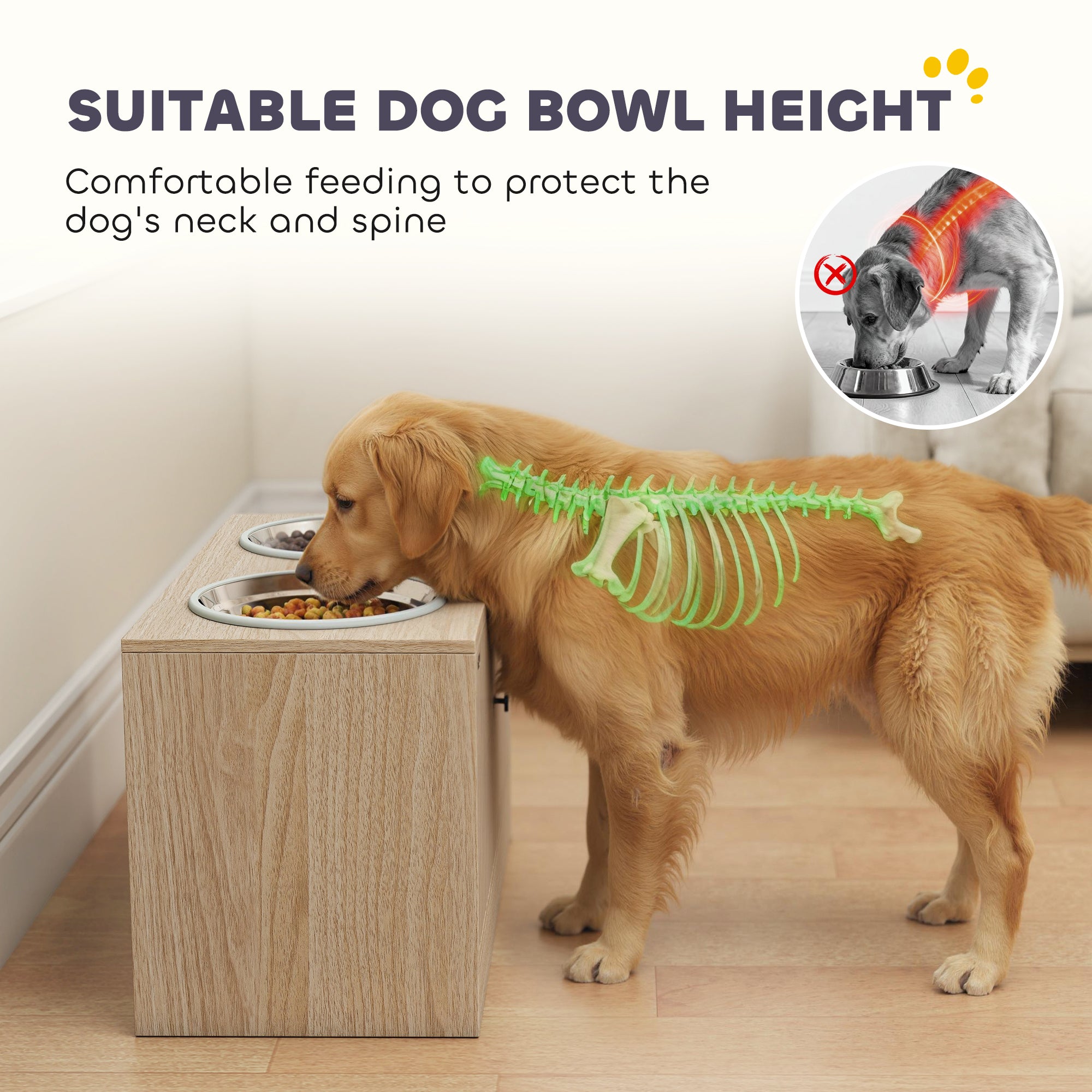Elevated Dog Bowls with Storage Cabinet, Raised Dog Bowl Stand, Dog Feeding Station with Slow Feeder & Non-Slip, for Large Pets, Oak