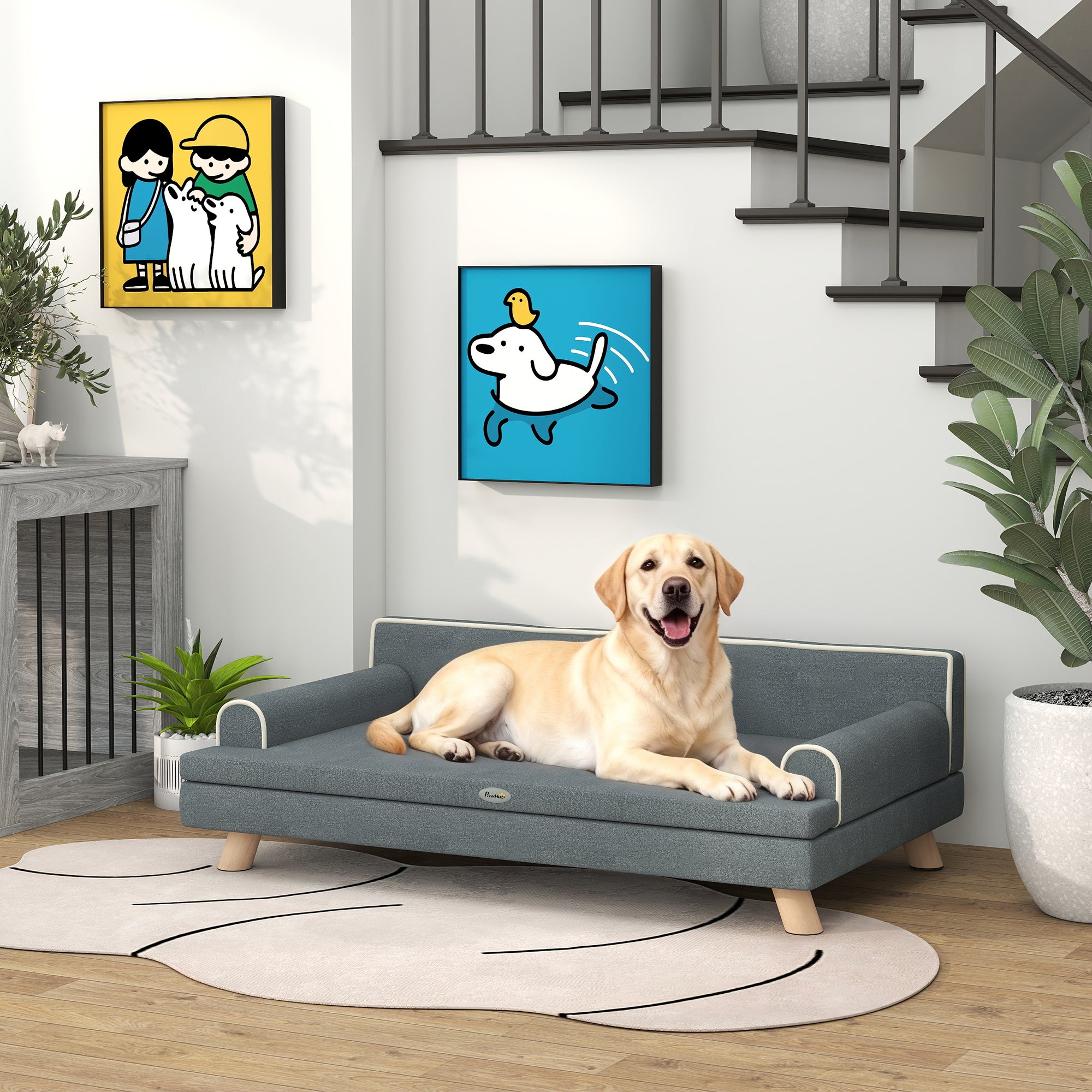 Dog Sofa, 39" Cat Couch with Removable Cushion, Washable Cover, Wooden Legs, Elevated Pet Cat Sofa for Medium & Large Dogs, Dark Grey