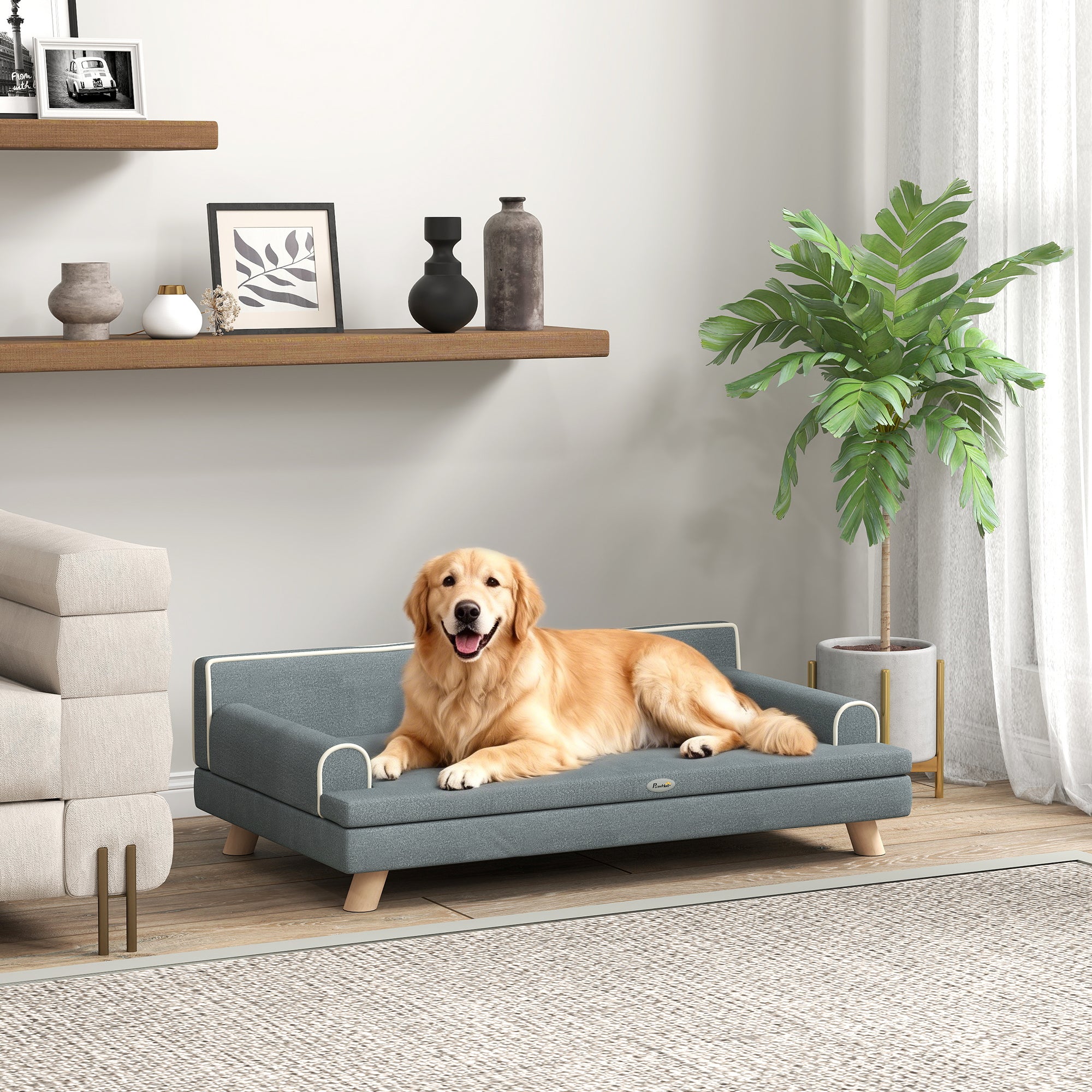 Dog Sofa, 39" Cat Couch with Removable Cushion, Washable Cover, Wooden Legs, Elevated Pet Cat Sofa for Medium & Large Dogs, Dark Grey