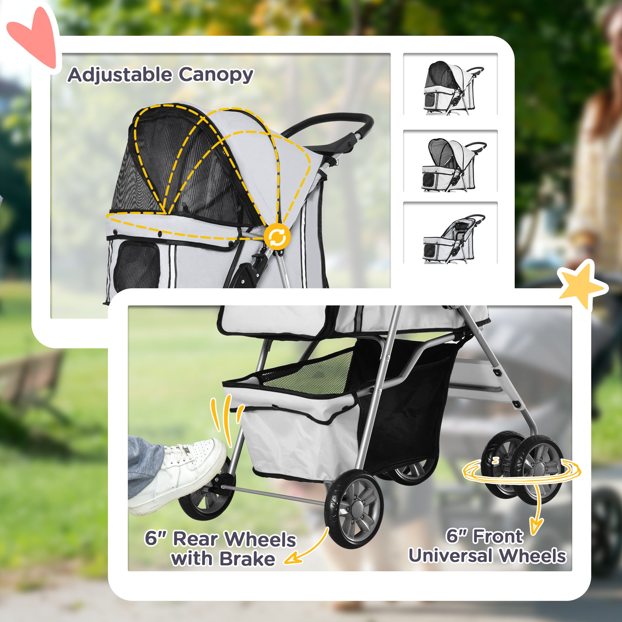 Pet Stroller for Small Miniature Dogs Cats Foldable Travel Carriage with Wheels Zipper Entry Cup Holder Storage Basket Grey