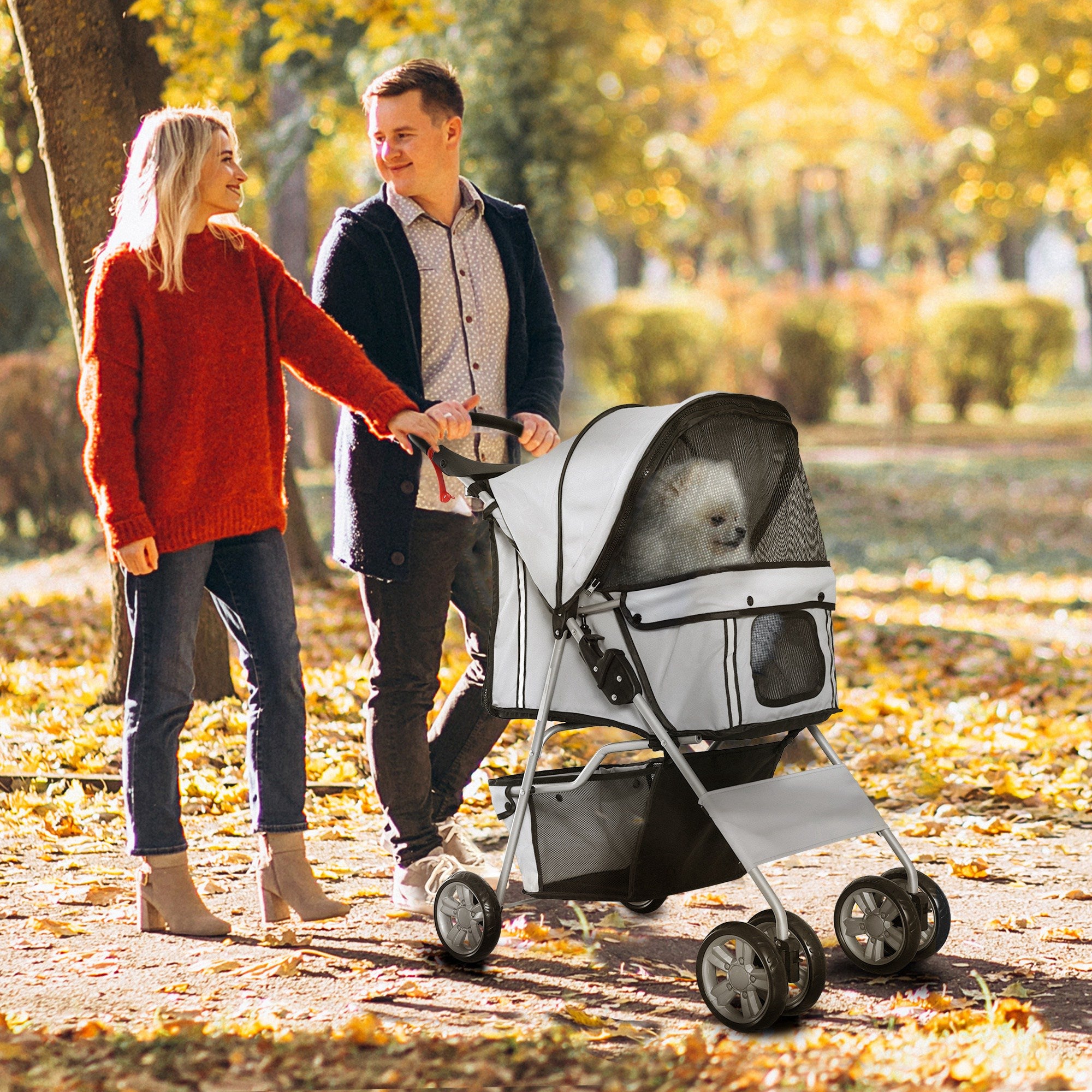 Pet Stroller for Small Miniature Dogs Cats Foldable Travel Carriage with Wheels Zipper Entry Cup Holder Storage Basket Grey