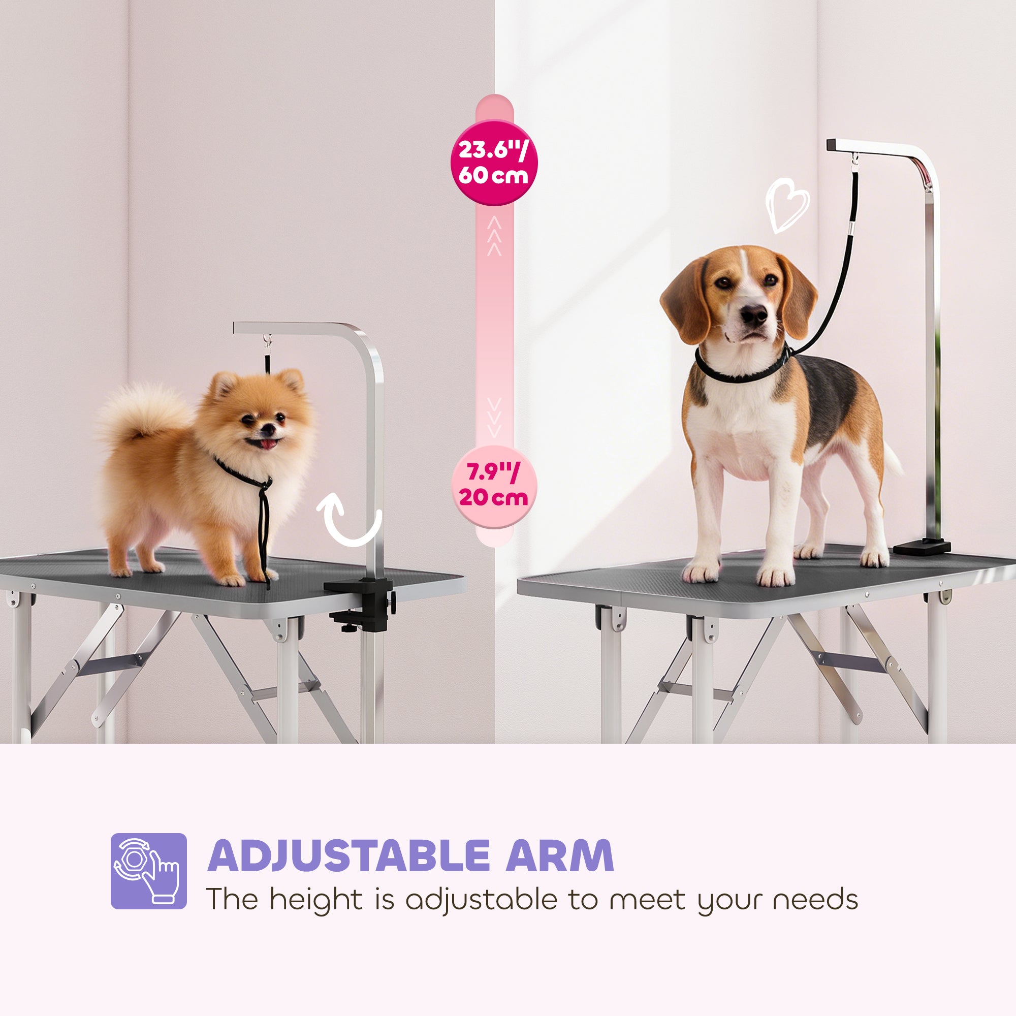 32" Foldable Dog Grooming Table Pet Drying Beauty Table with 20-60cm Adjustable Arm, Rubber Top, Black