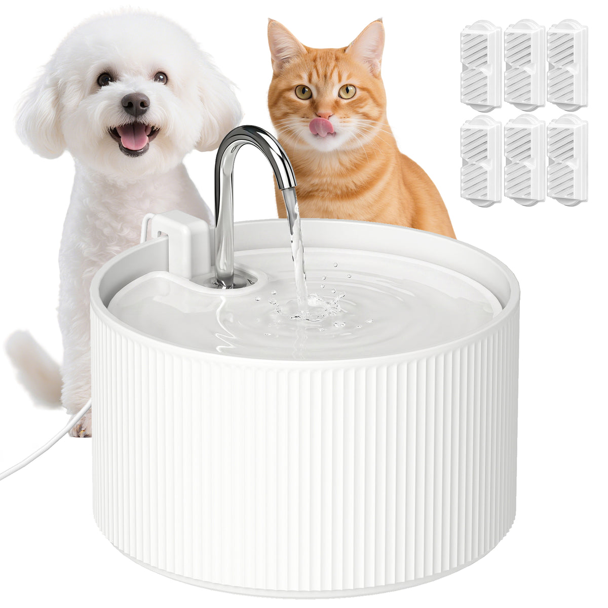 Ceramic Cat Water Fountain for Drinking, 2.2L Pet Water Fountain with Ultra-Quiet Pump, 4-Layer Filtration, Tap, Pet Drinking Dispenser for Cats and Dogs, Hygienic & Easy Clean, White