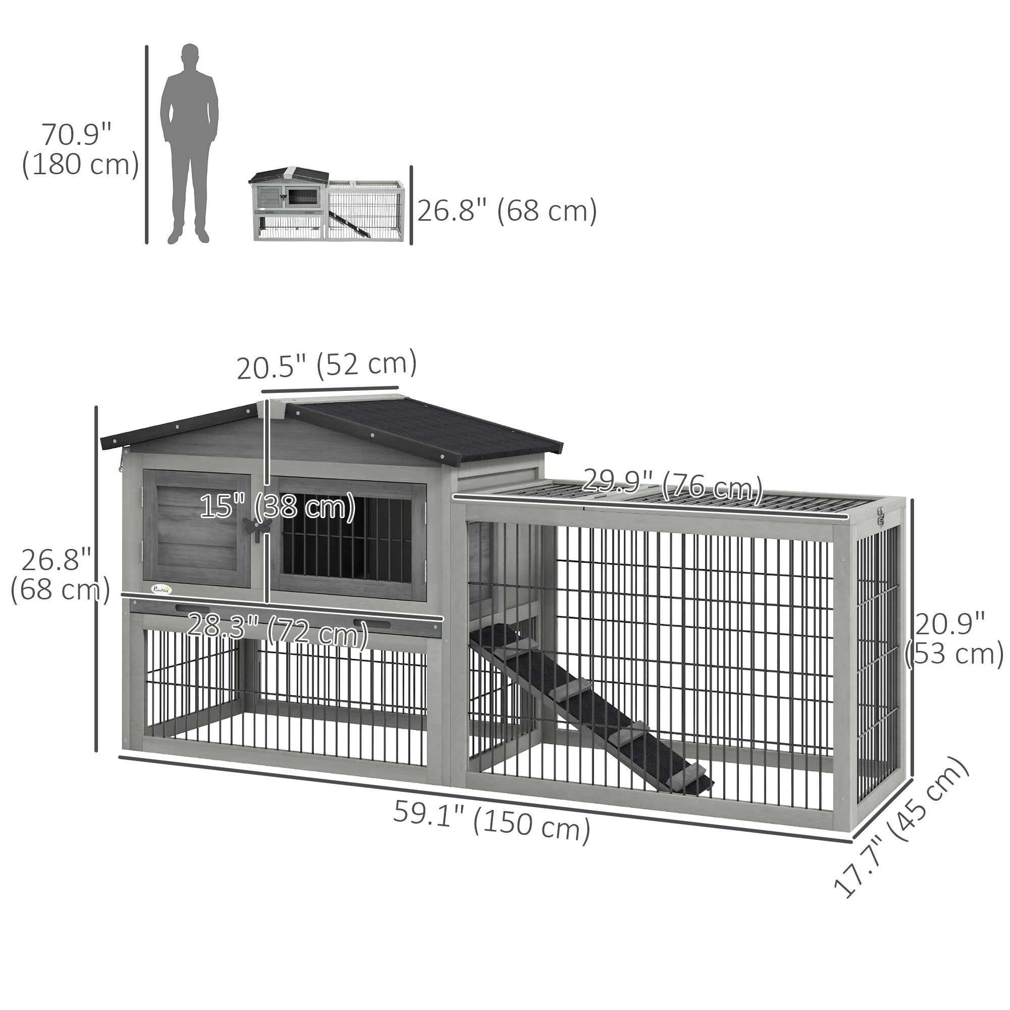 Solid Wood Rabbit Hutch Bunny Cage Pet Guinea Pig House Outdoor Small Animal Habitat w/ Ramp, Weather-Resistant Asphalt Openable Roof, Pull-out Tray, Light Grey