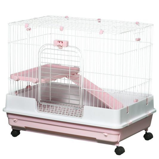 27"H 2-Level Small Animal Cage Rabbit Hutch with Universal Lockable Wheels, Slide-out Tray for Bunny, Chinchillas, Ferret, Pink